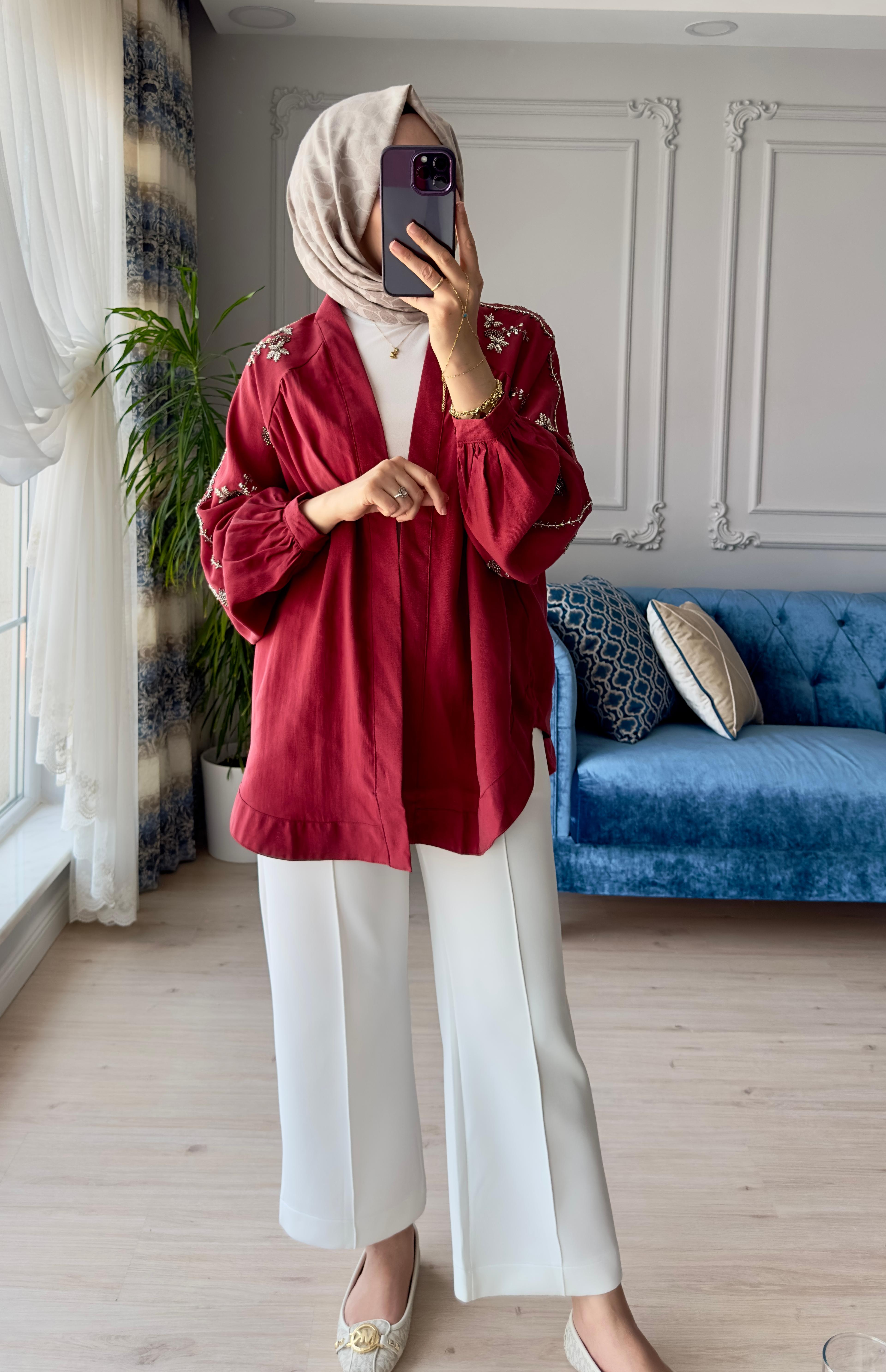 Boncuk İşlemeli Kimono Bordo