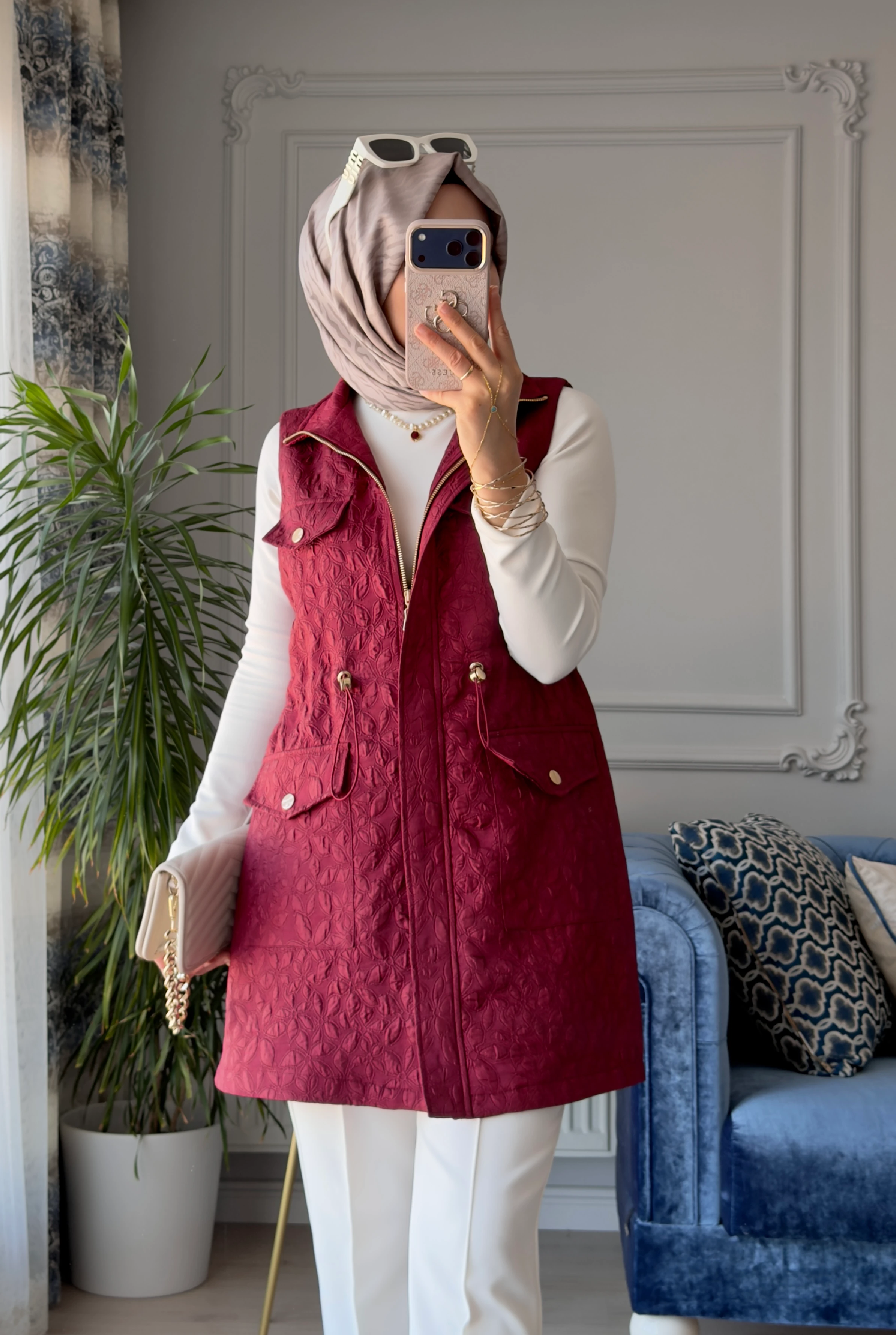 Kapitone Yelek Bordo