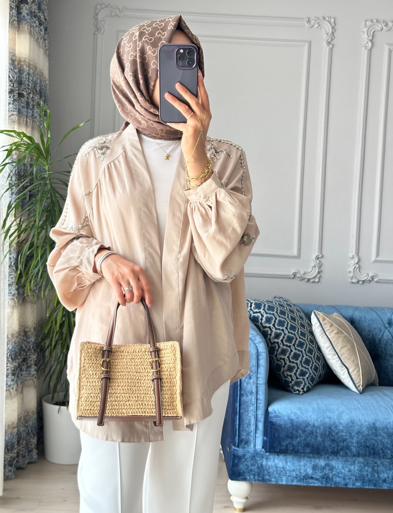 Boncuk İşlemeli Kimono Bej