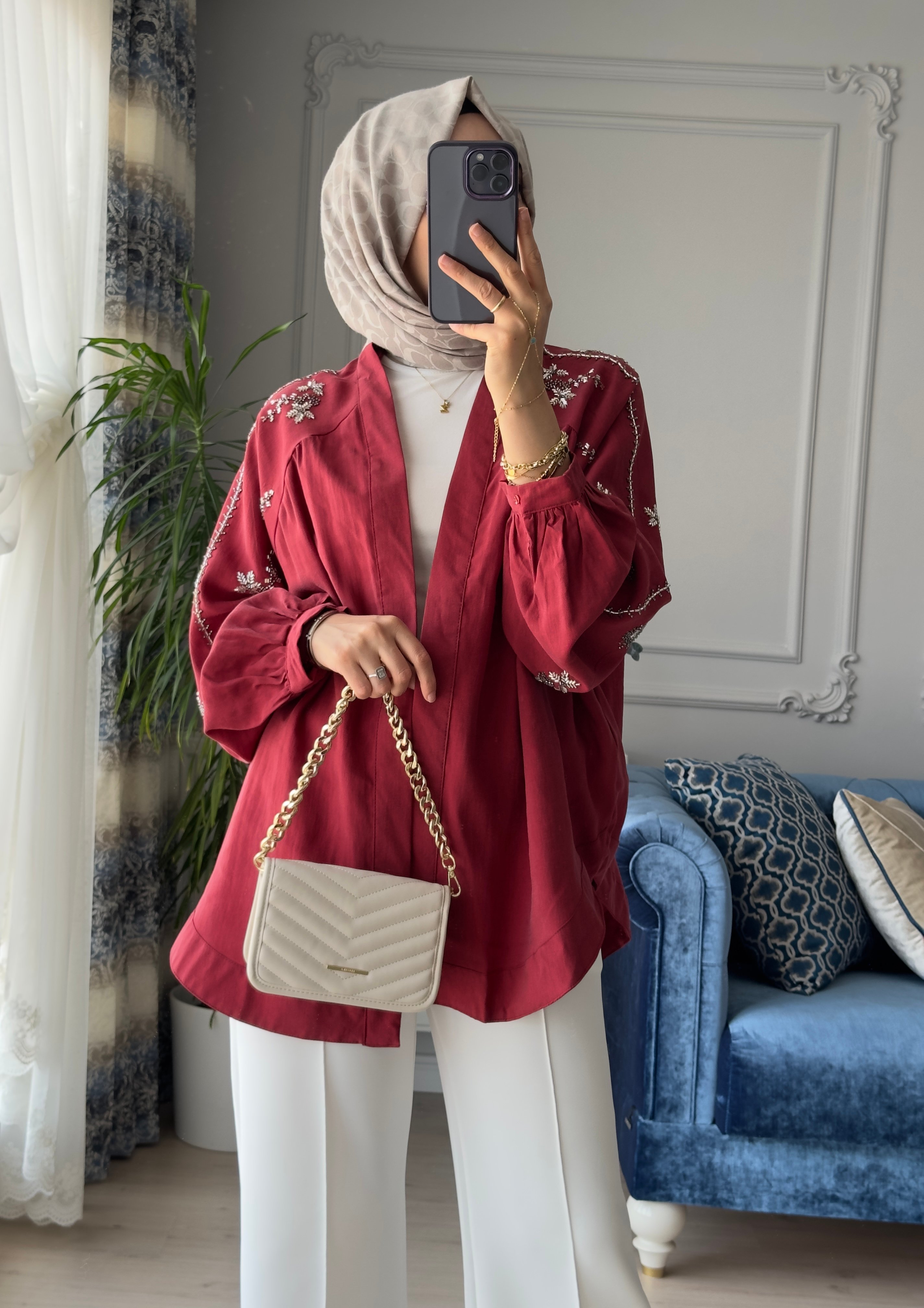 Boncuk İşlemeli Kimono Bordo