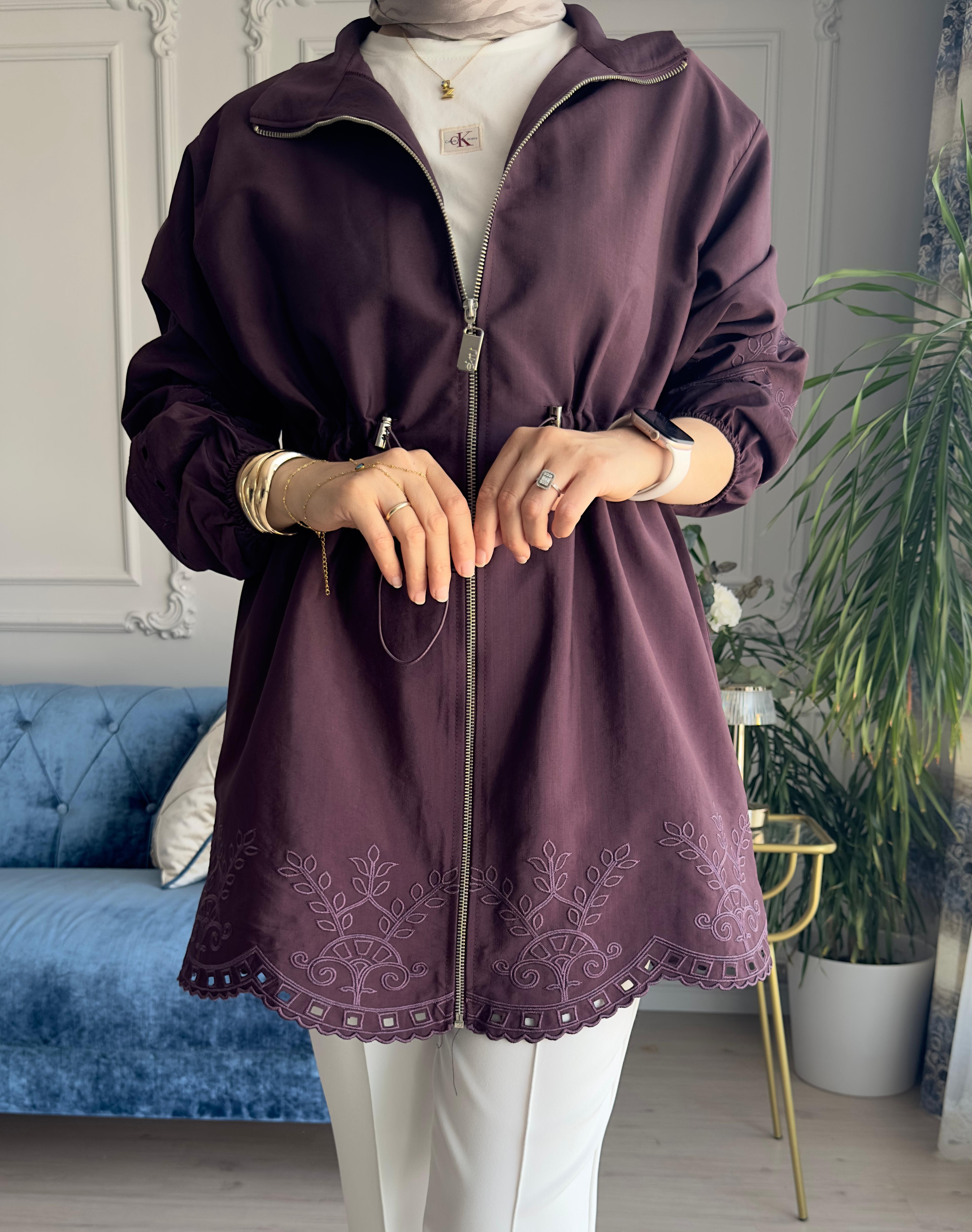 Helen Nakışlı Ceket Mürdüm