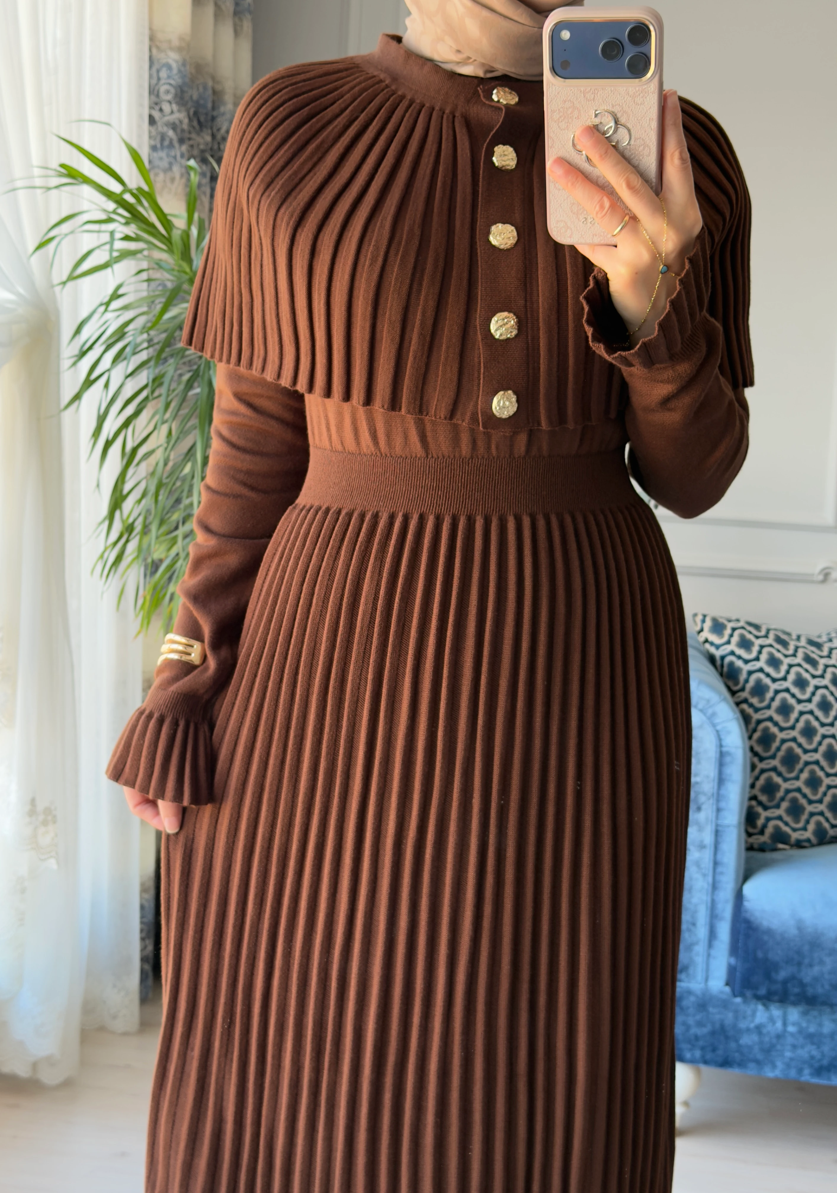 Afra Piliseli Elbise Kahve 