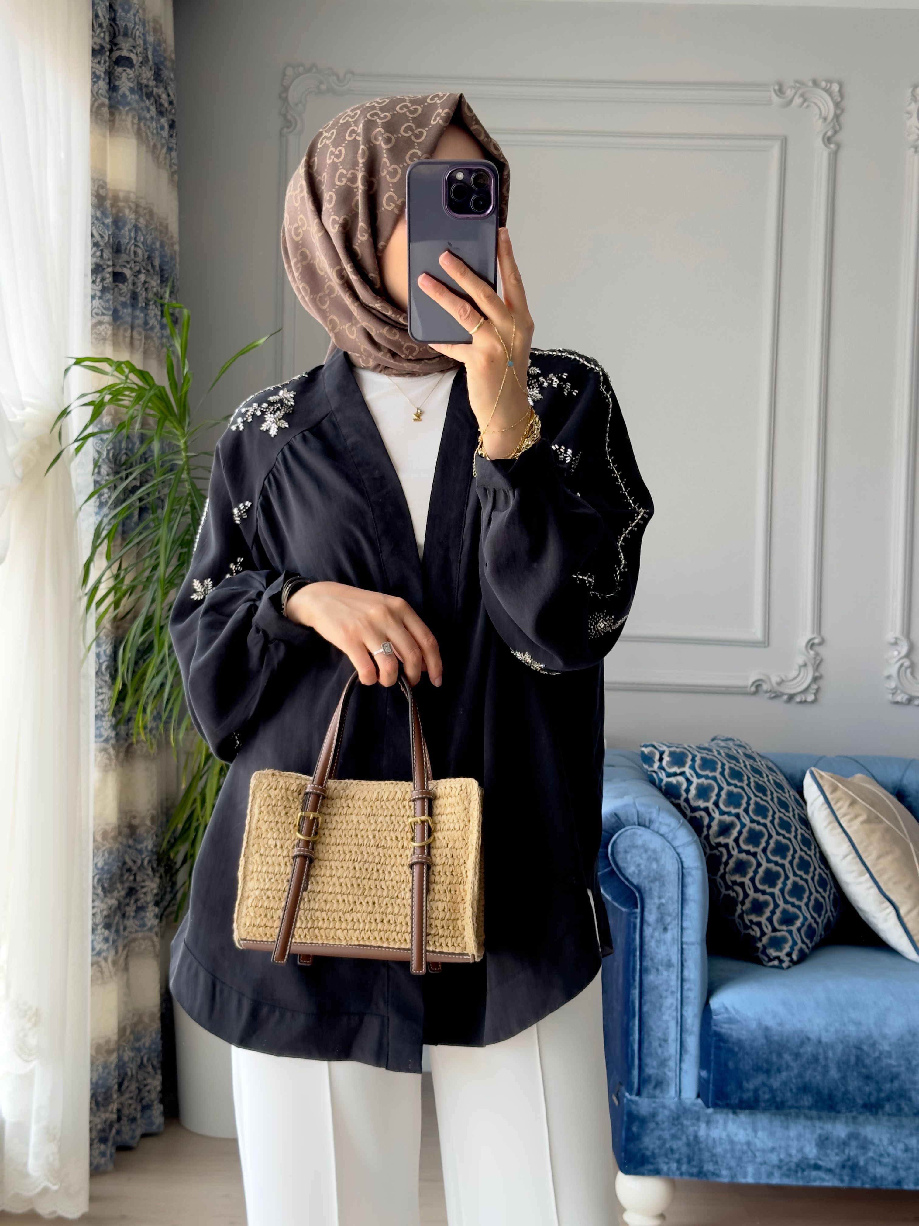 Boncuk İşlemeli Kimono Siyah