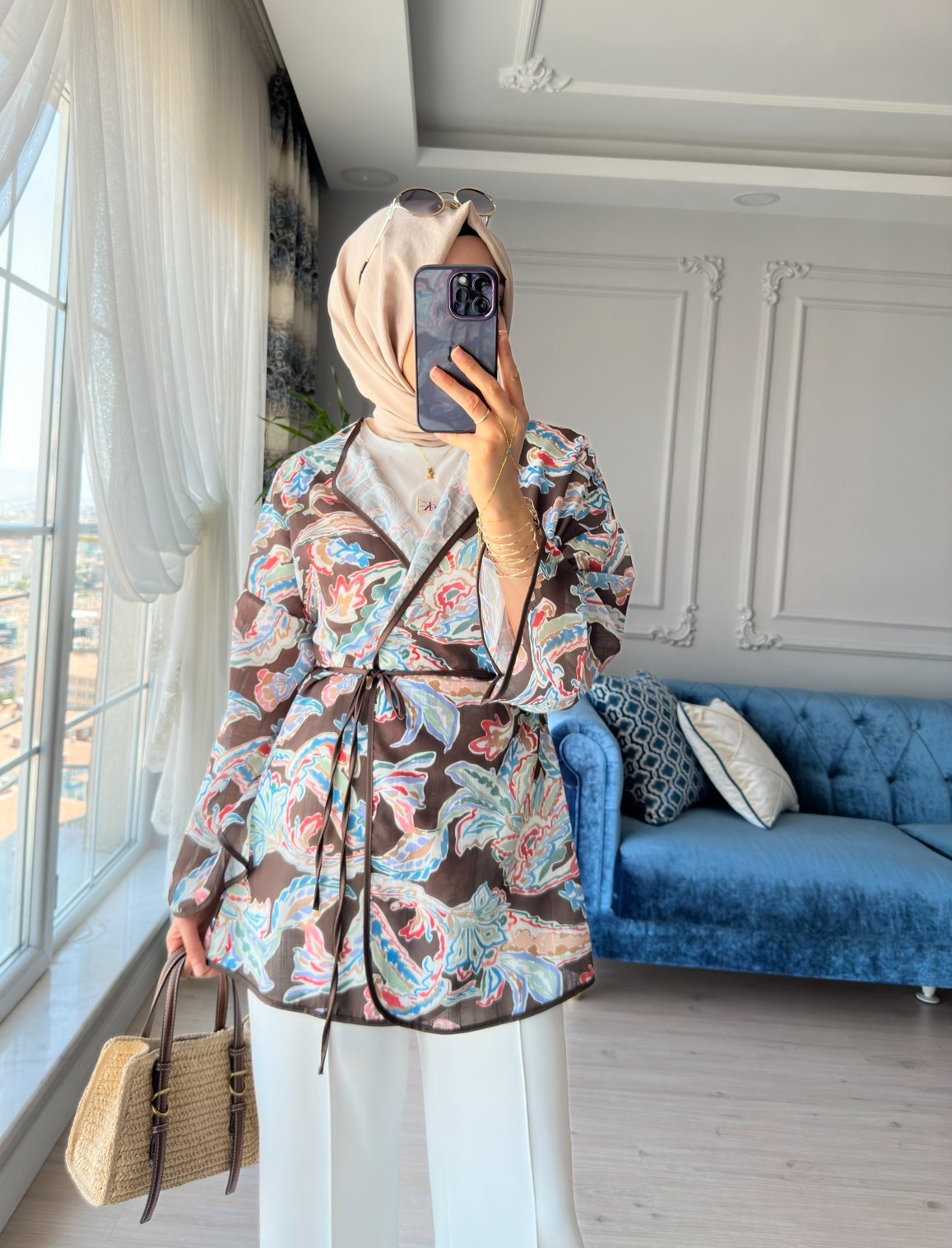 Mihra Desenli Kimono Kahve
