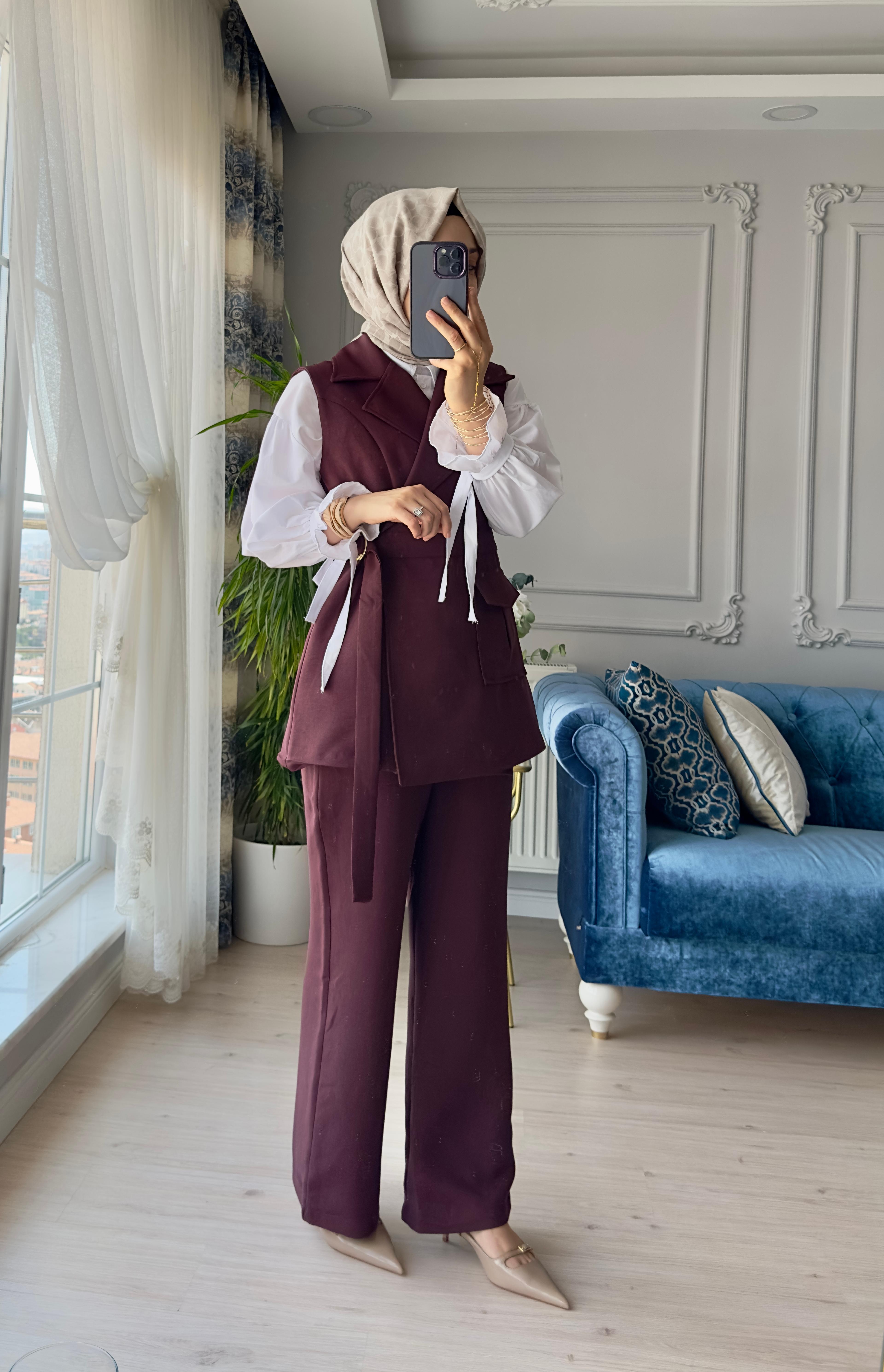 Krep Yelekli Takım Bordo