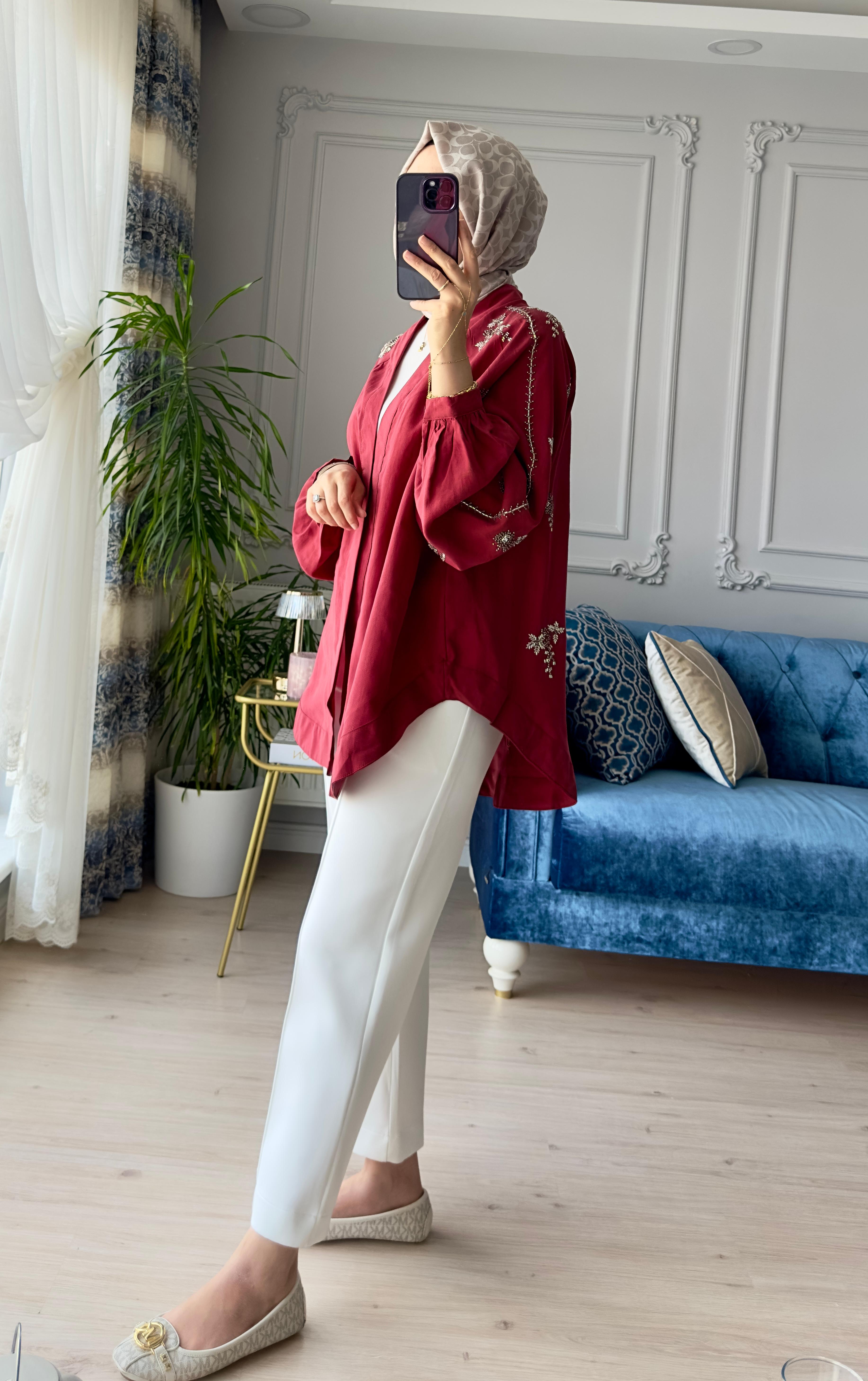 Boncuk İşlemeli Kimono Bordo