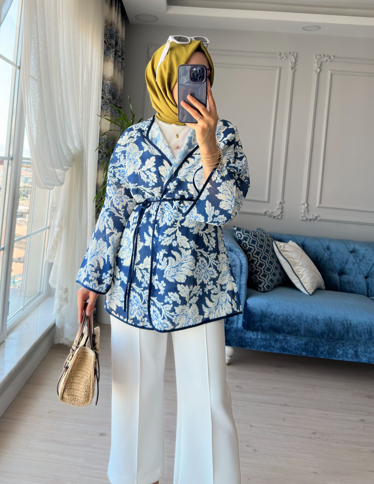 Mihra Desenli Kimono Mavi