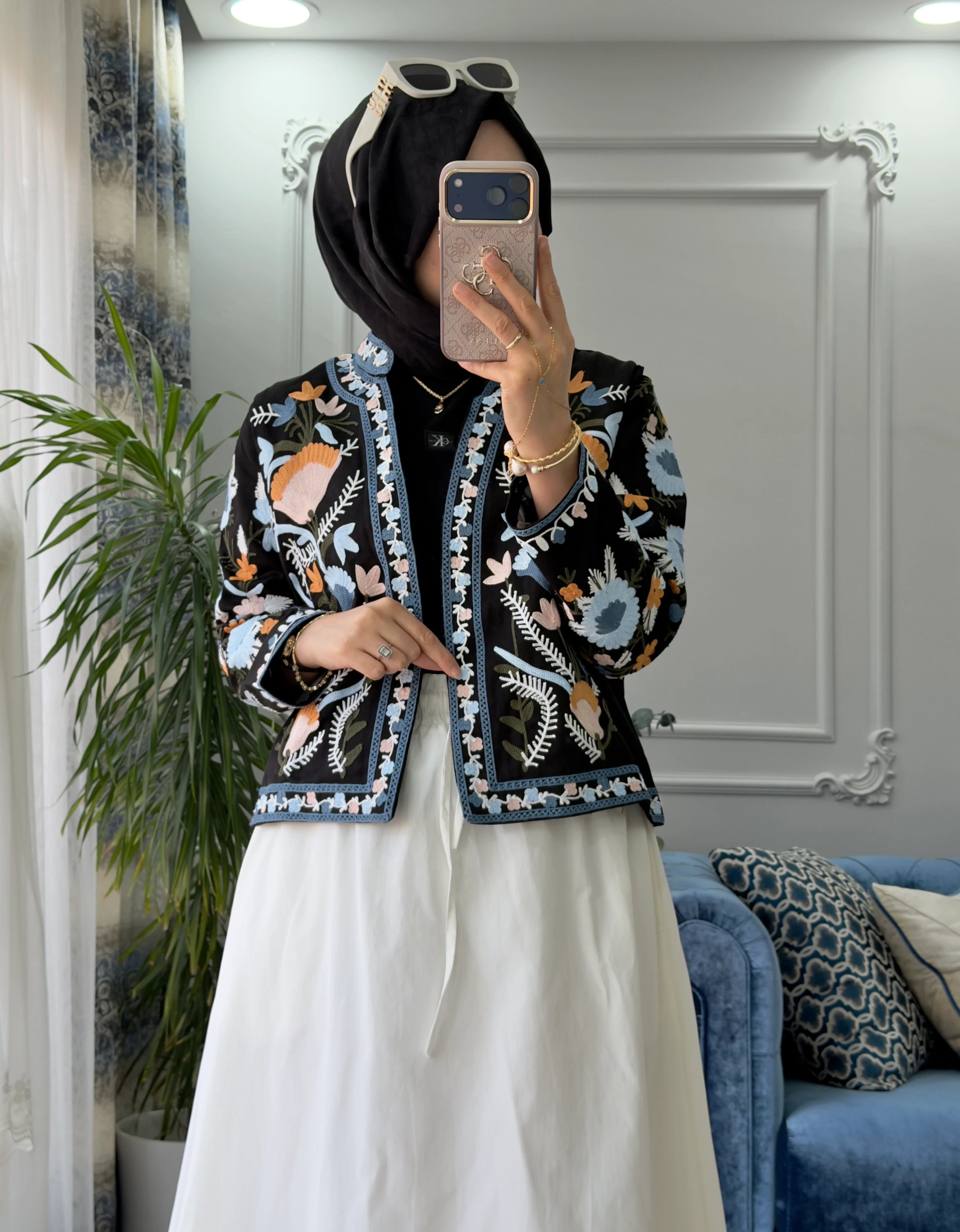 Etnik Desen Ceket Mavi