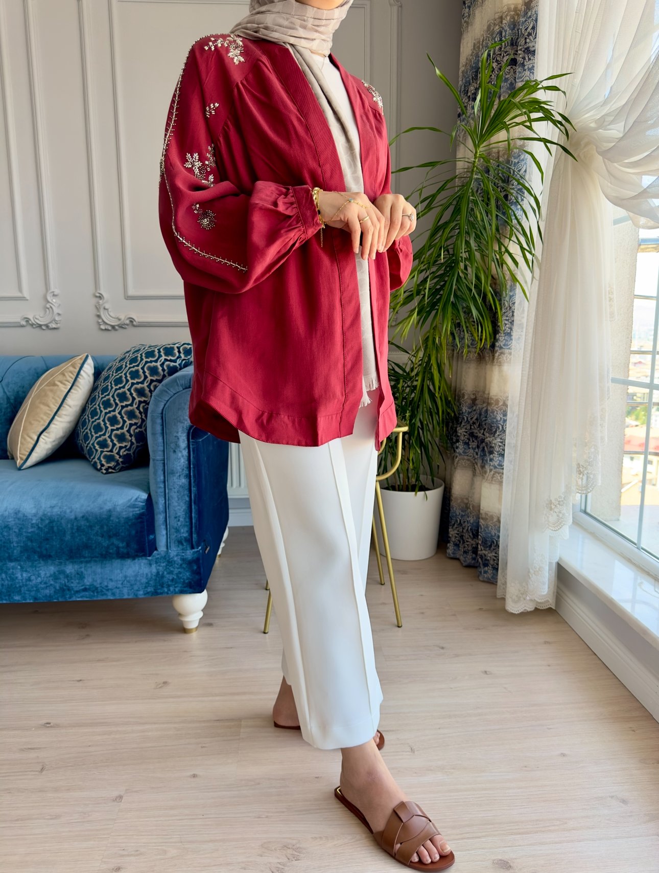 Boncuk İşlemeli Kimono Bordo