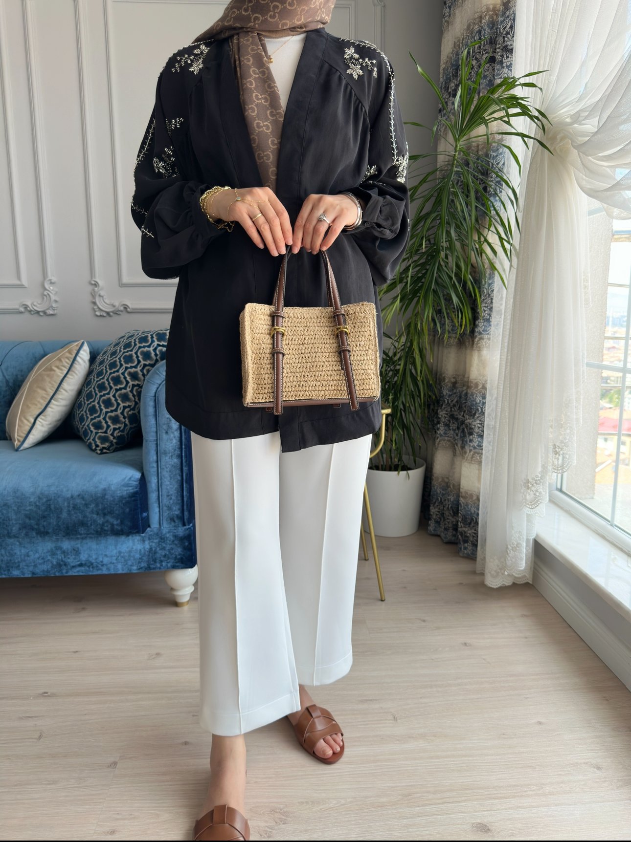 Boncuk İşlemeli Kimono Siyah