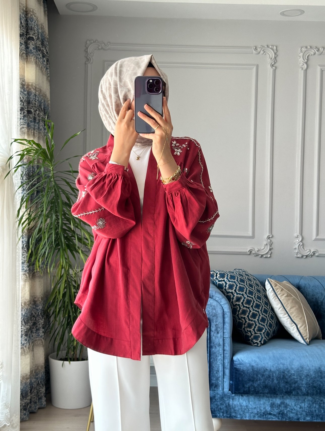 Boncuk İşlemeli Kimono Bordo