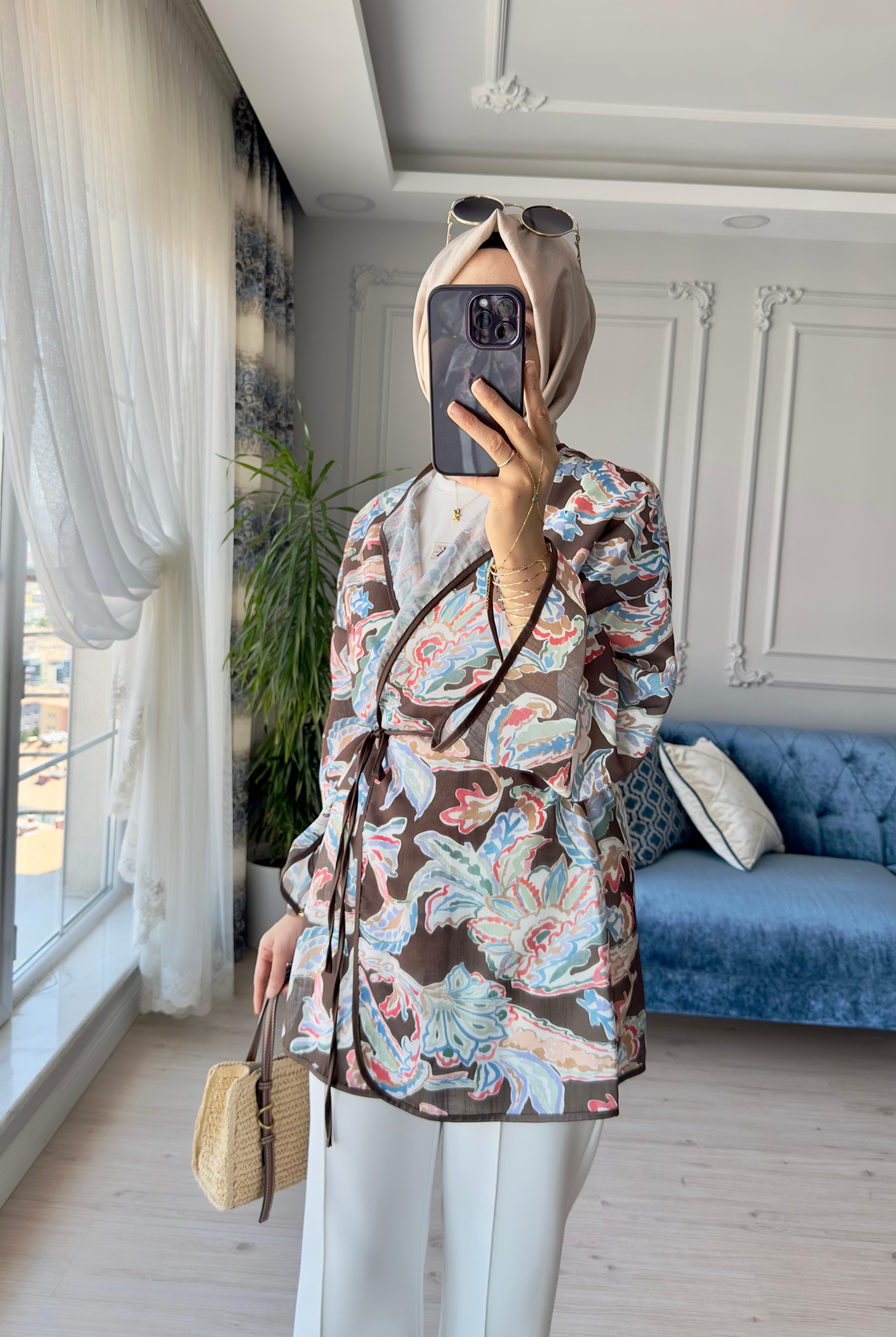 Mihra Desenli Kimono Kahve