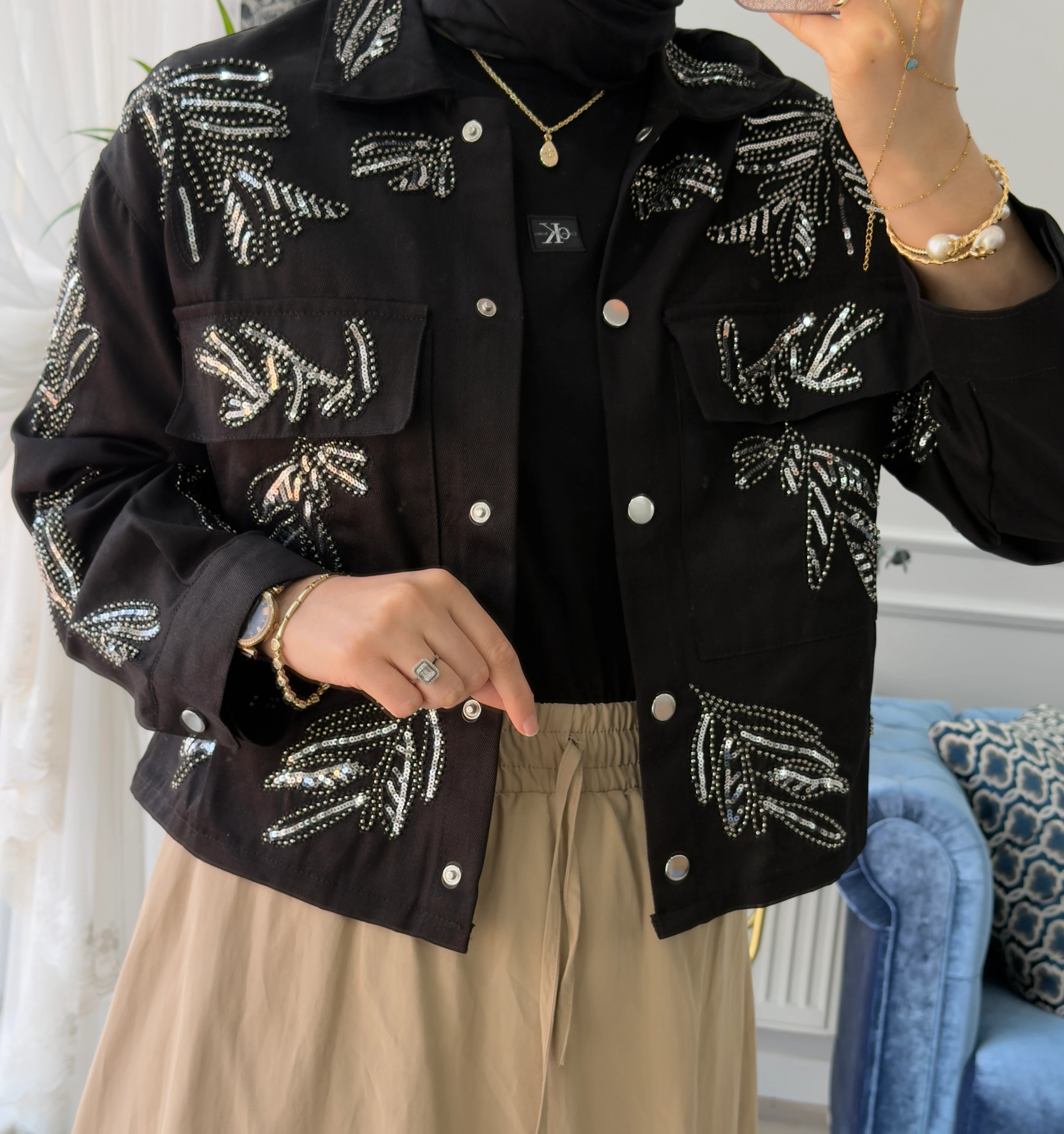 Pul İşlemeli Ceket Siyah