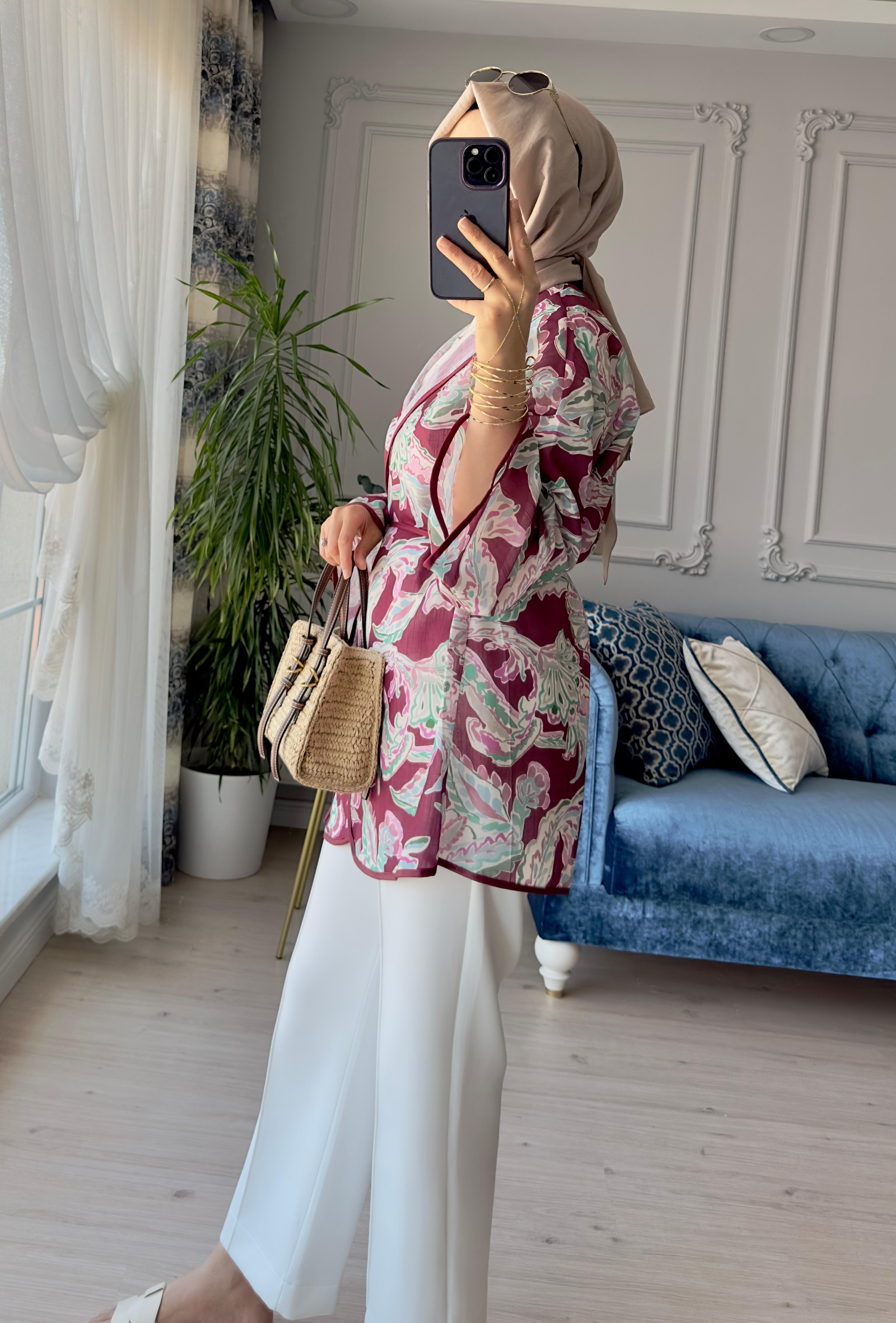Mihra Desenli Kimono Bordo