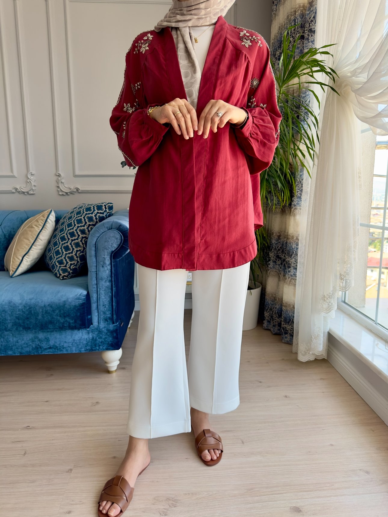 Boncuk İşlemeli Kimono Bordo