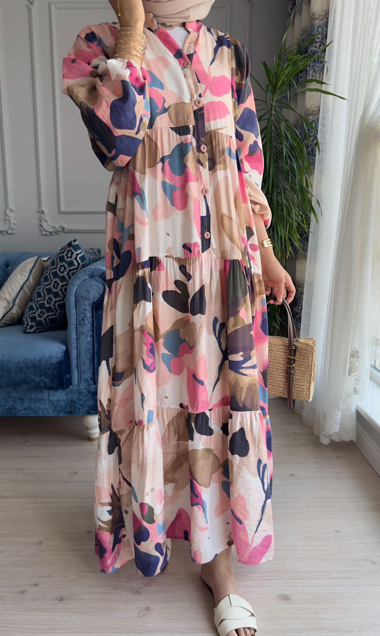 Desenli Elbise Pembe