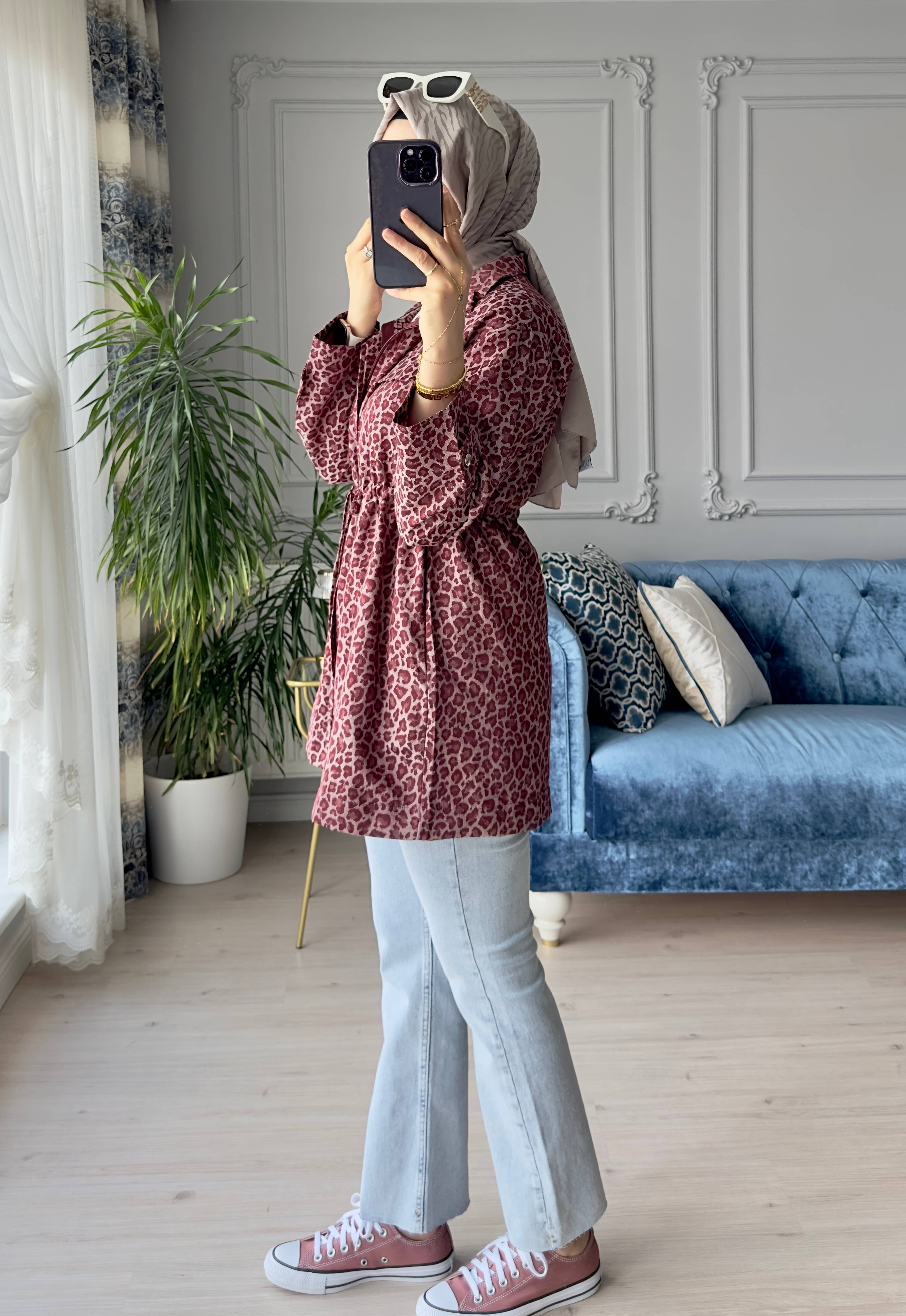 Leopar Desen Ceket Bordo