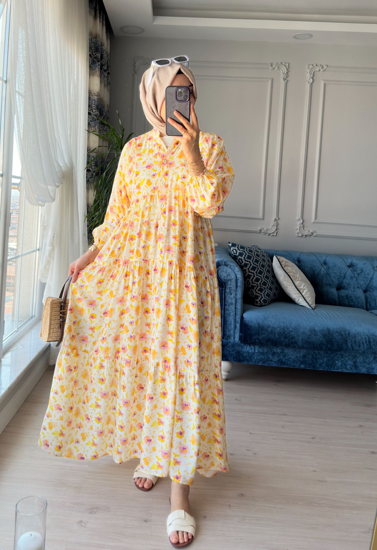 Desenli Elbise Sarı