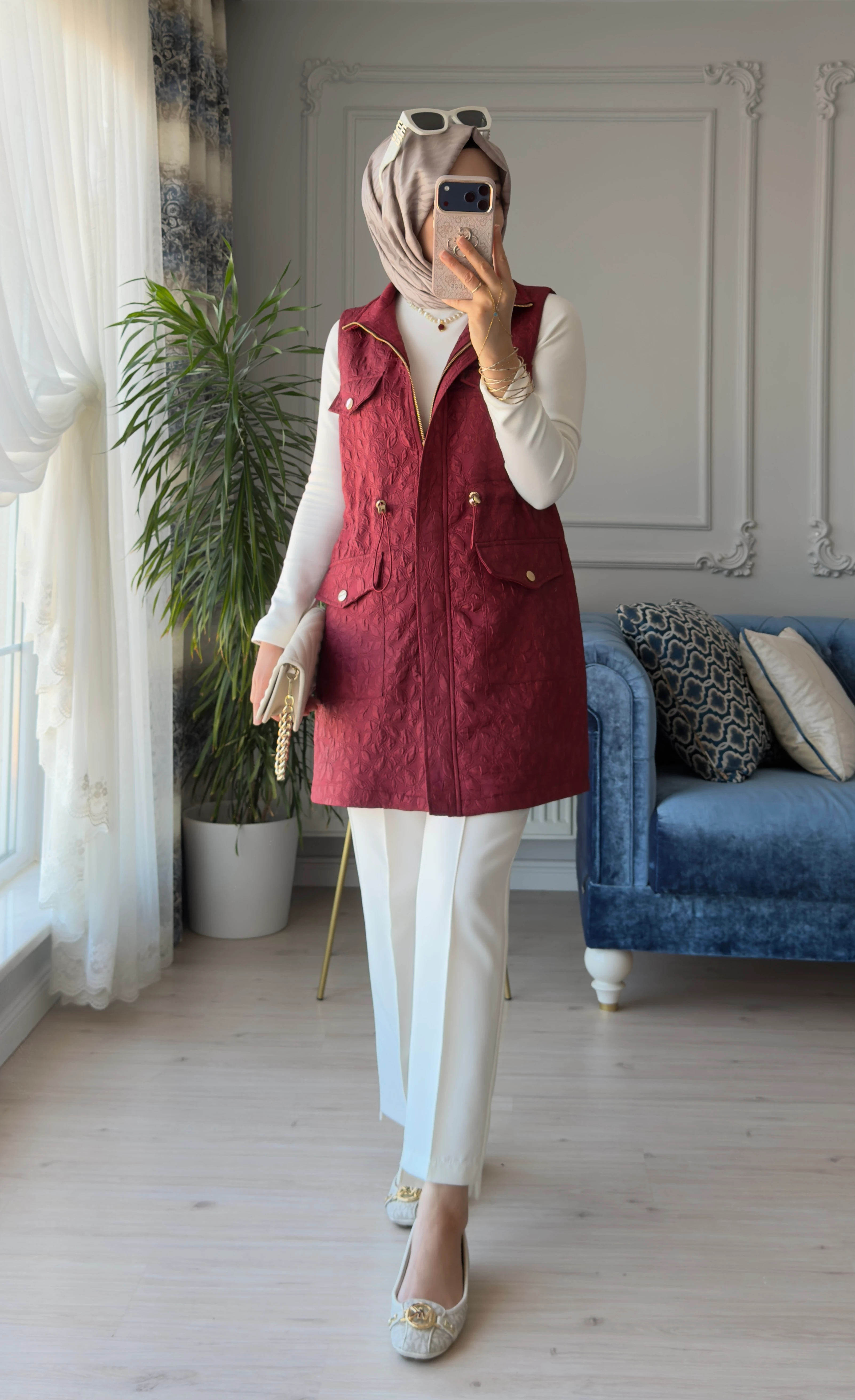 Kapitone Yelek Bordo