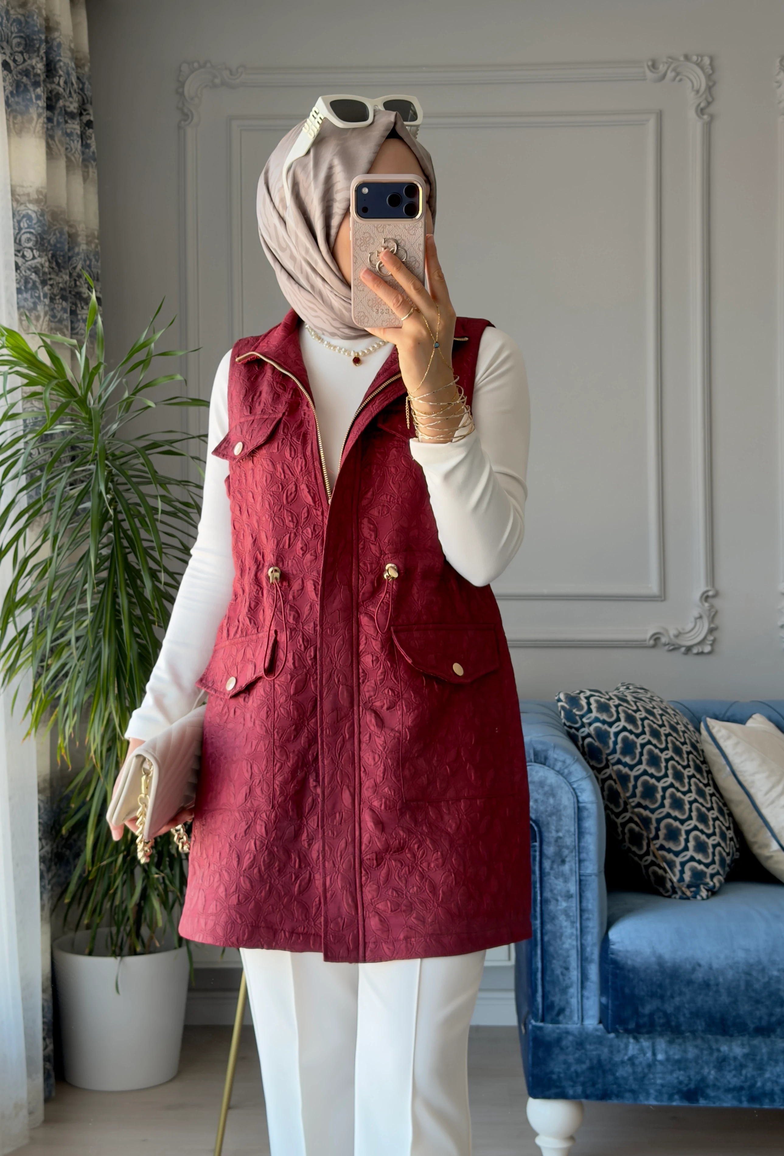 Kapitone Yelek Bordo