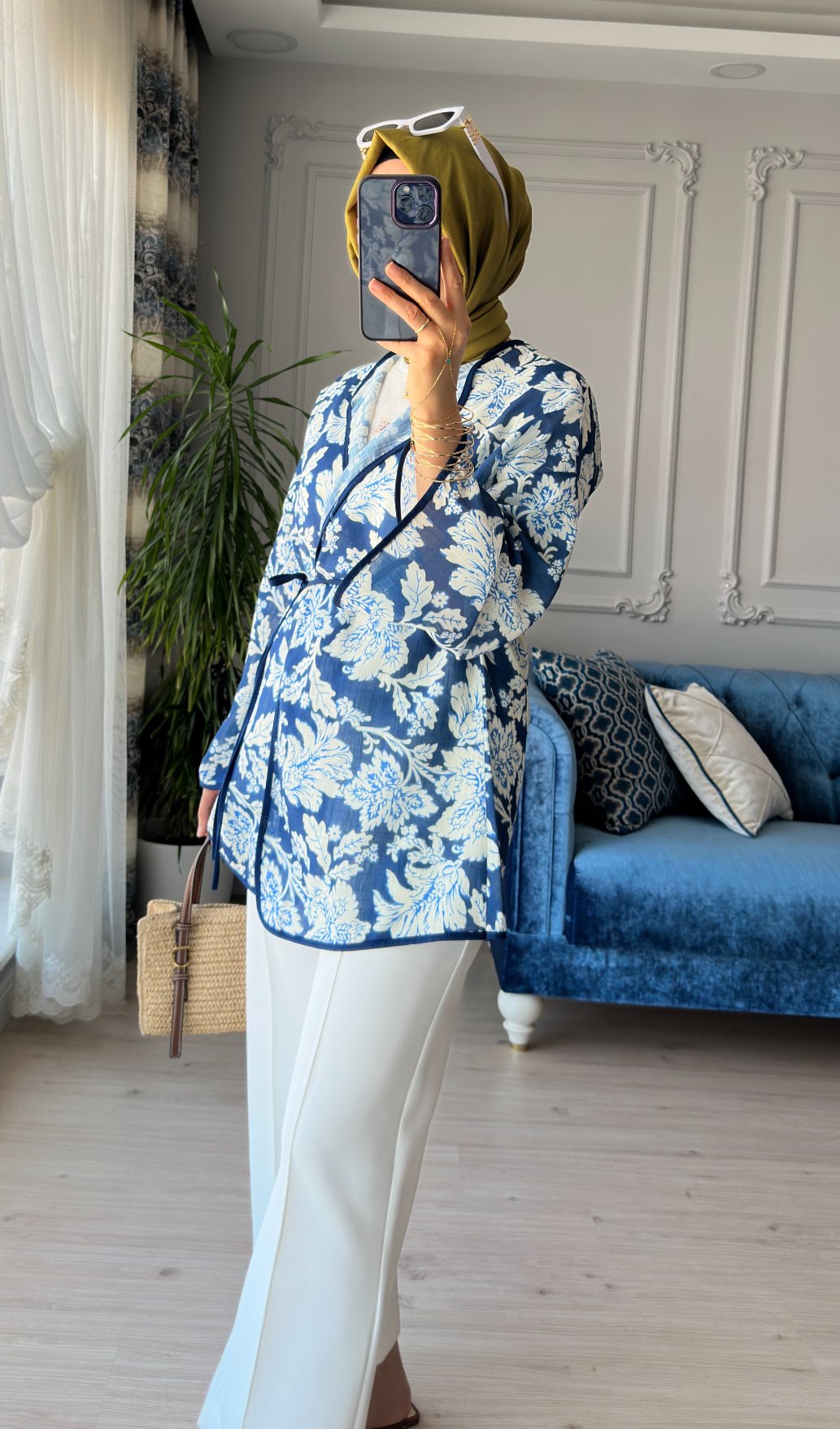 Mihra Desenli Kimono Mavi