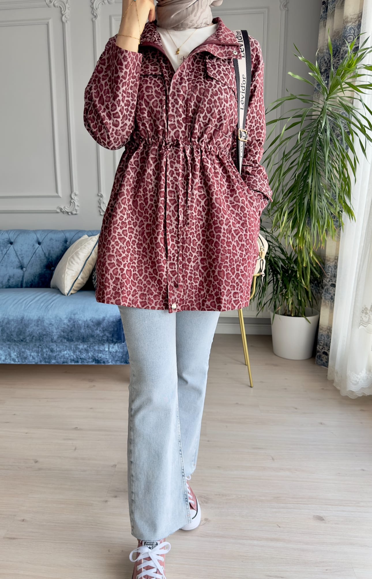 Leopar Desen Ceket Bordo