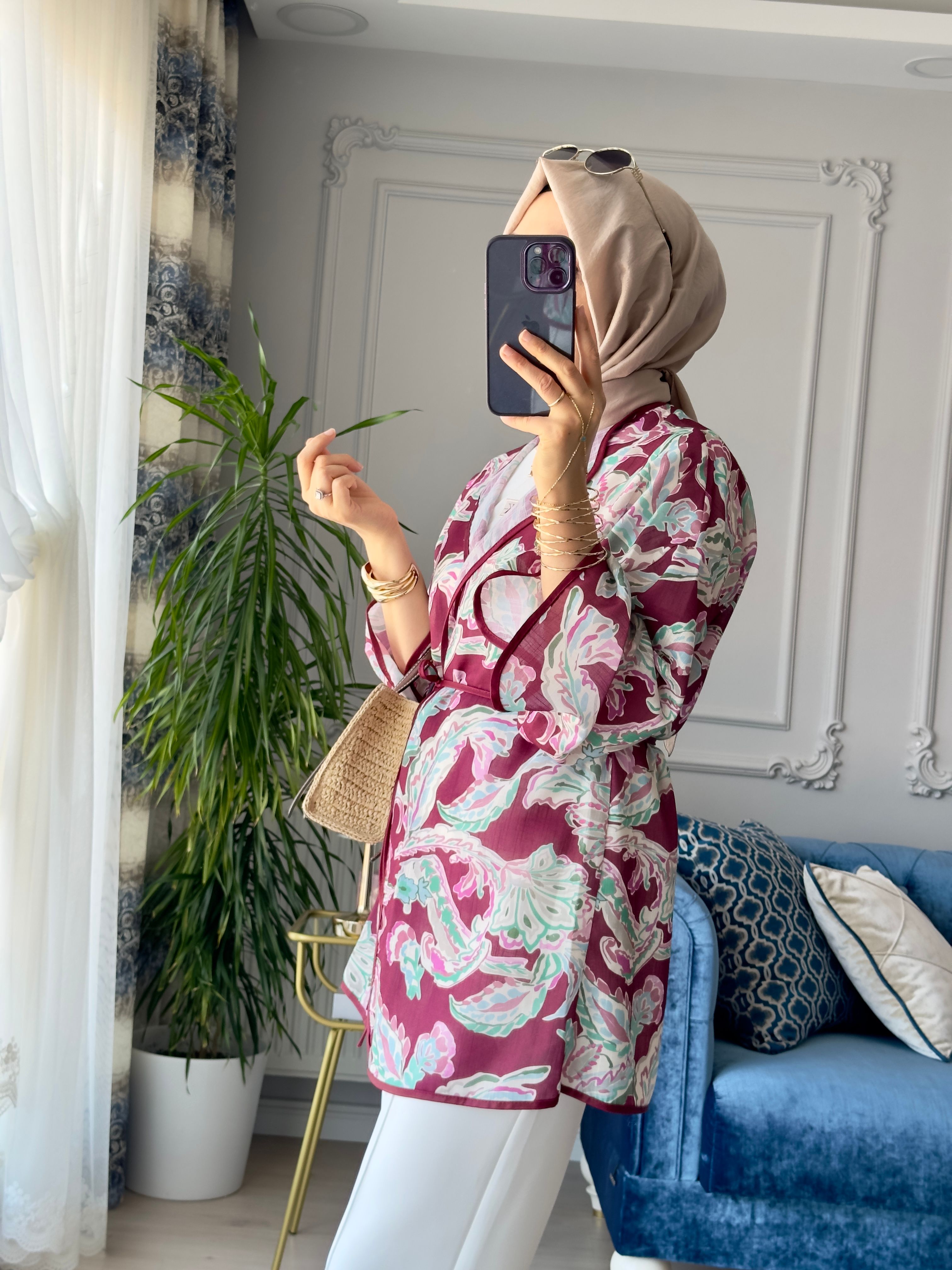 Mihra Desenli Kimono Bordo