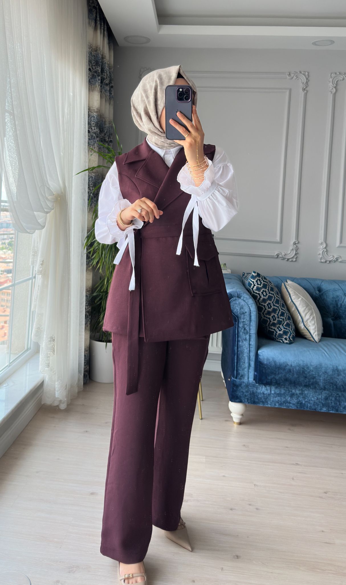 Krep Yelekli Takım Bordo