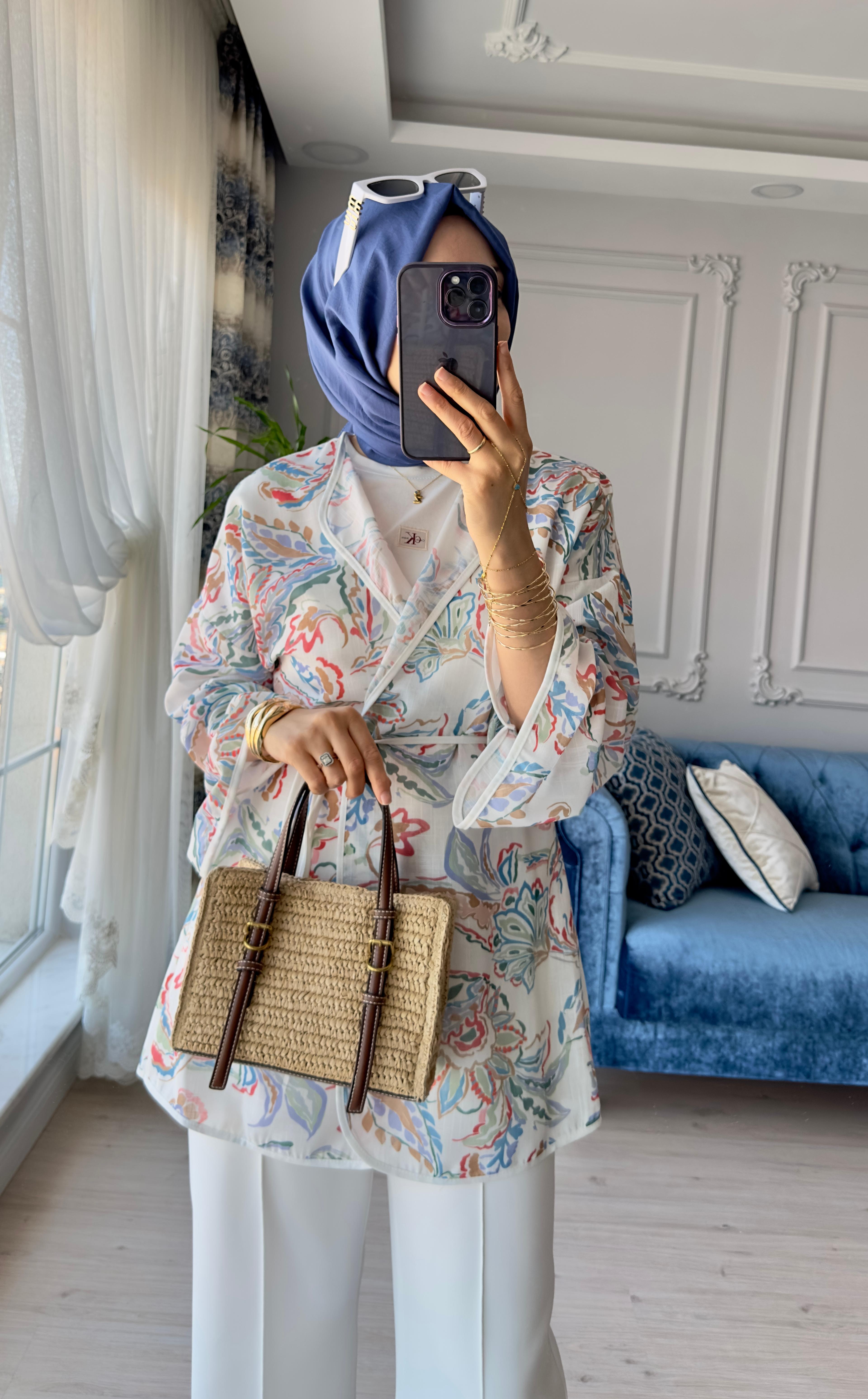 Mihra Desenli Kimono Ekru