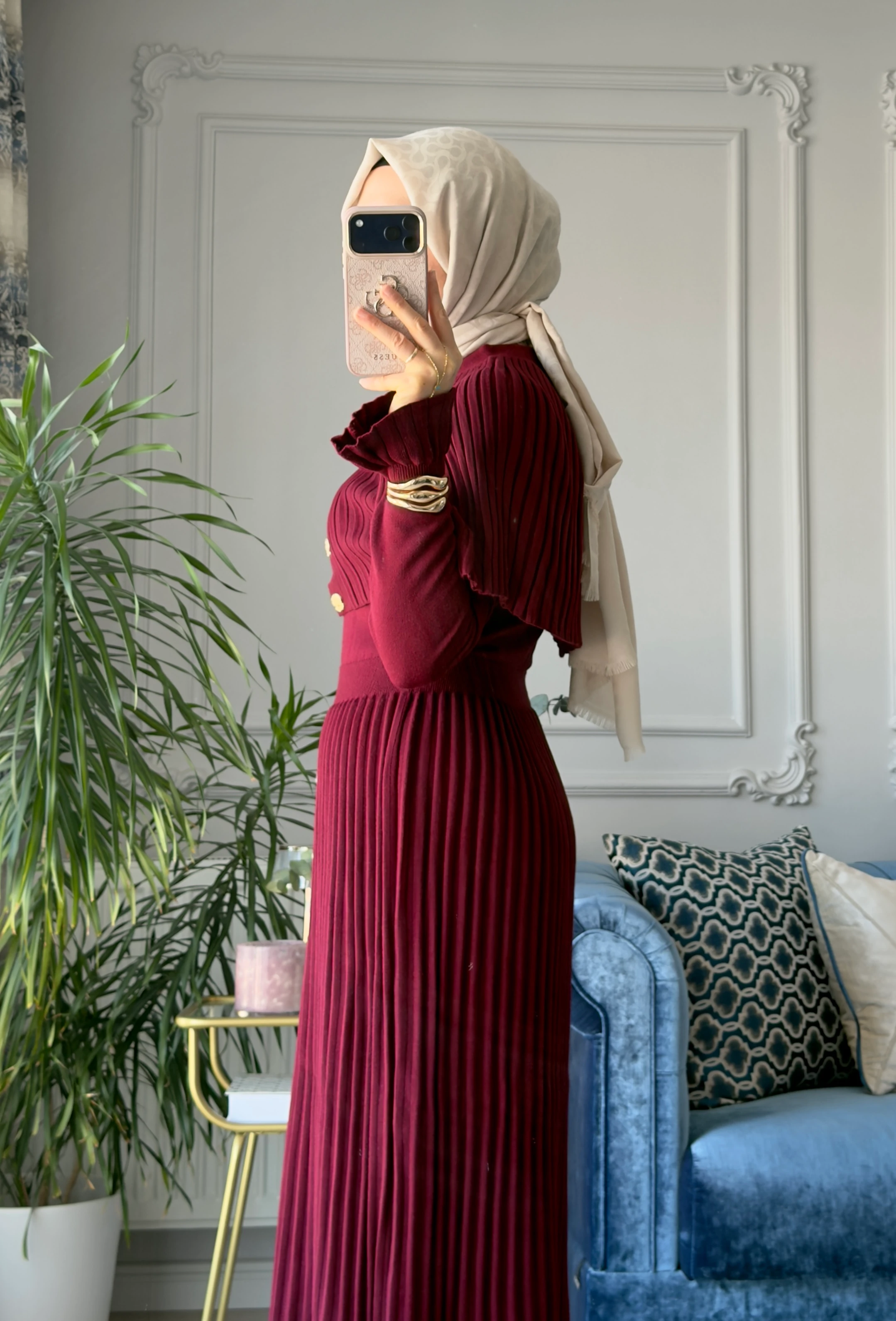 Afra Piliseli Elbise Bordo