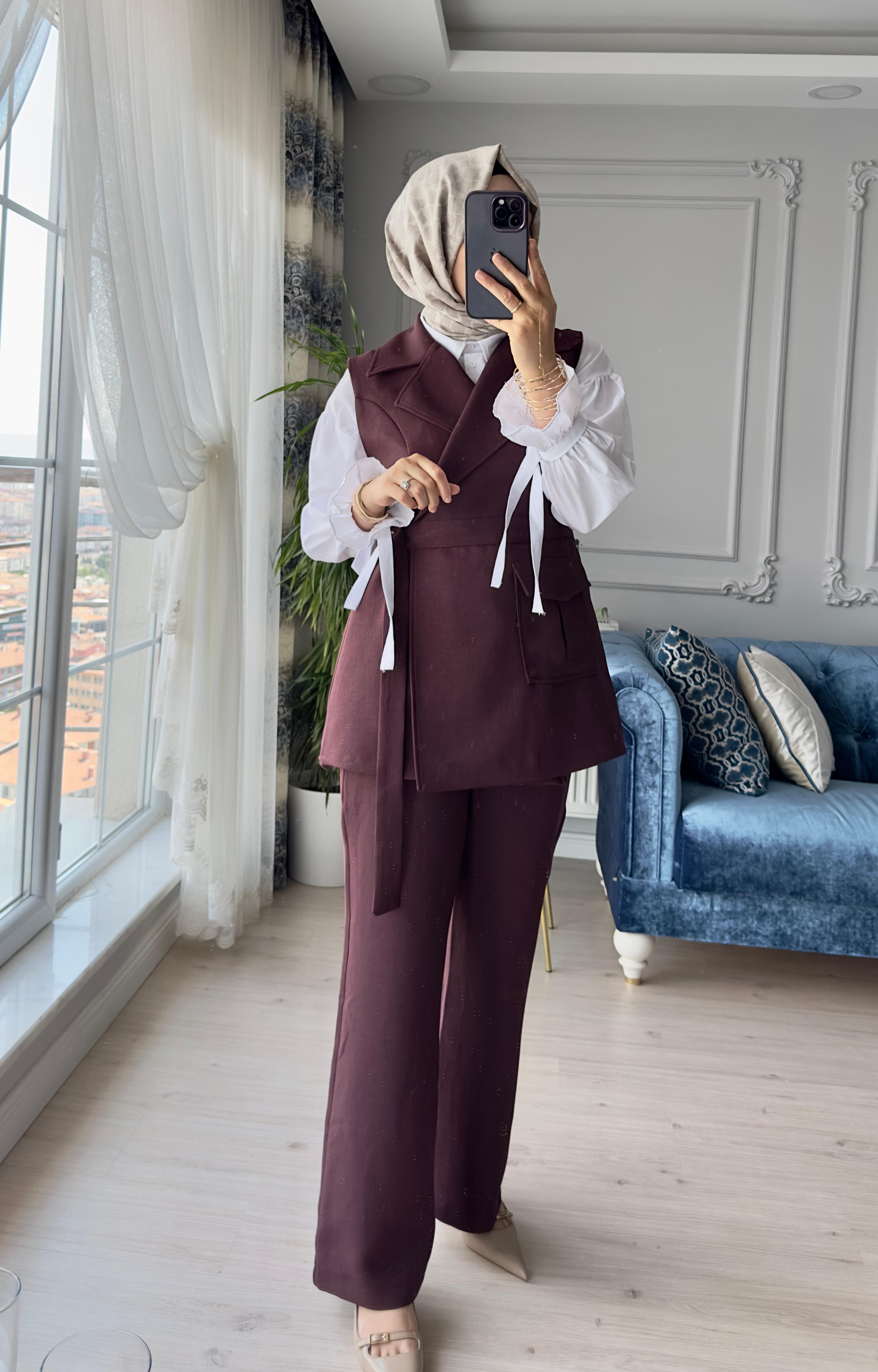 Krep Yelekli Takım Bordo