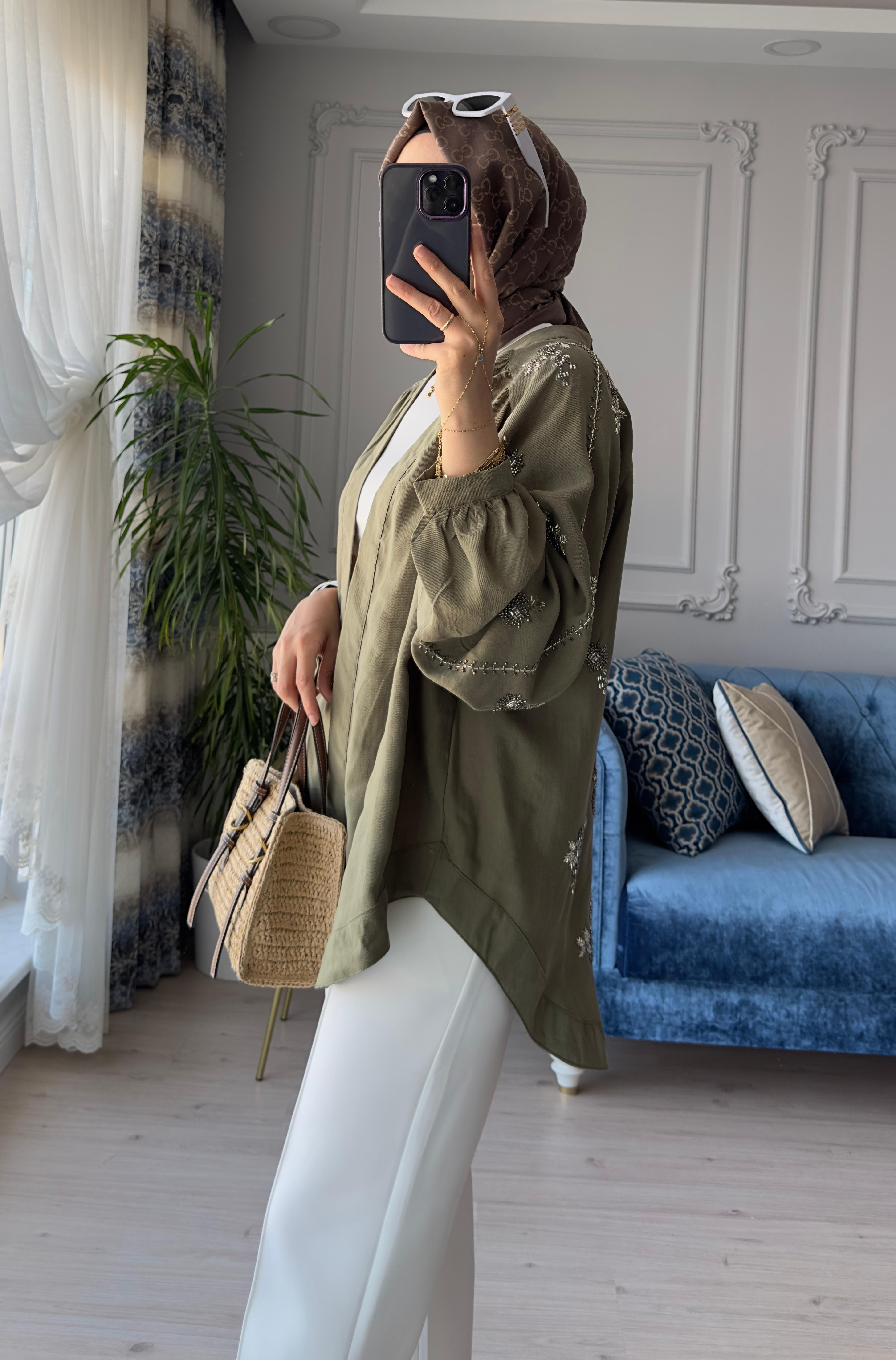 Boncuk İşlemeli Kimono Haki