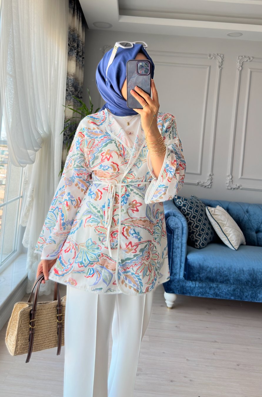 Mihra Desenli Kimono Ekru