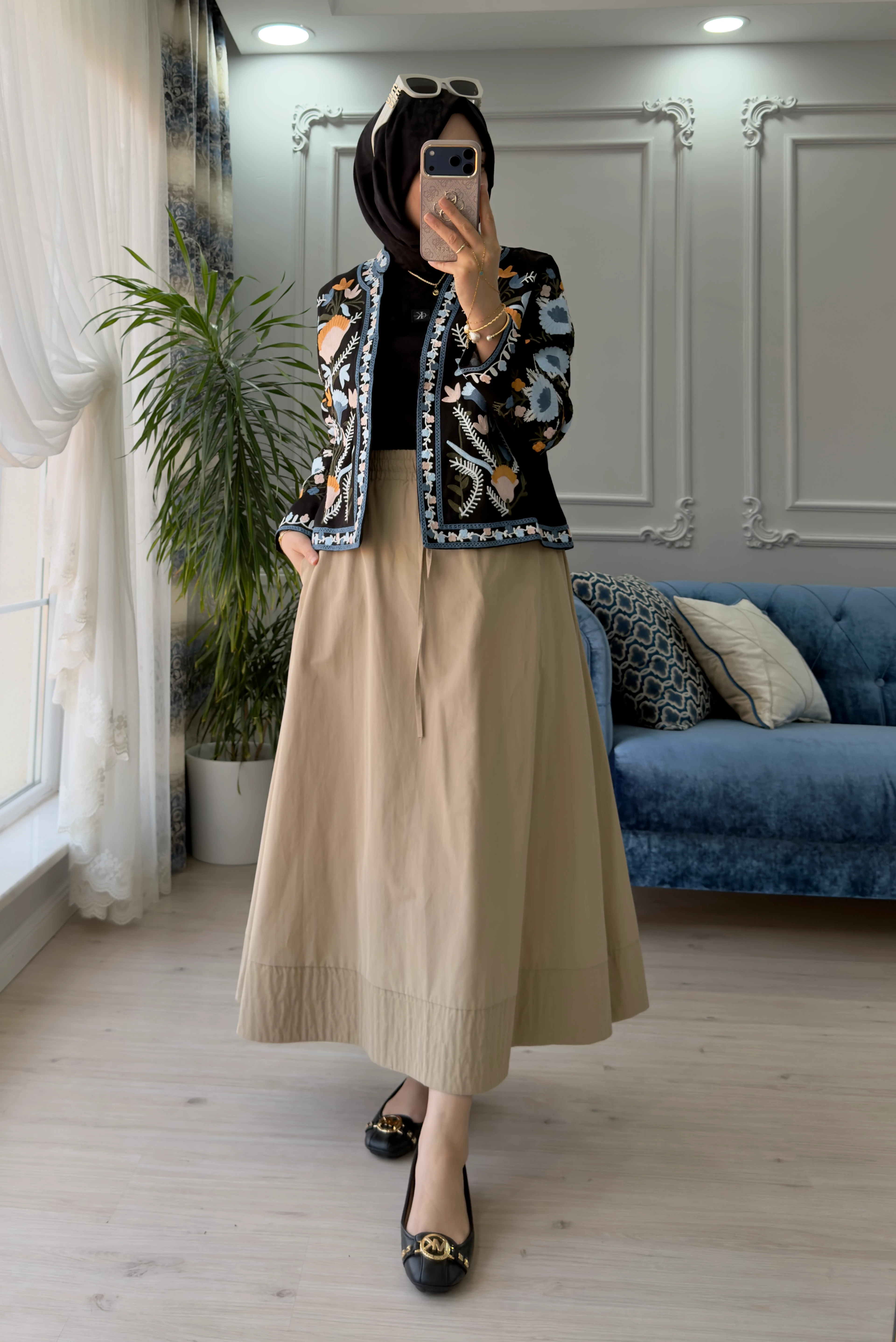 Etnik Desen Ceket Mavi