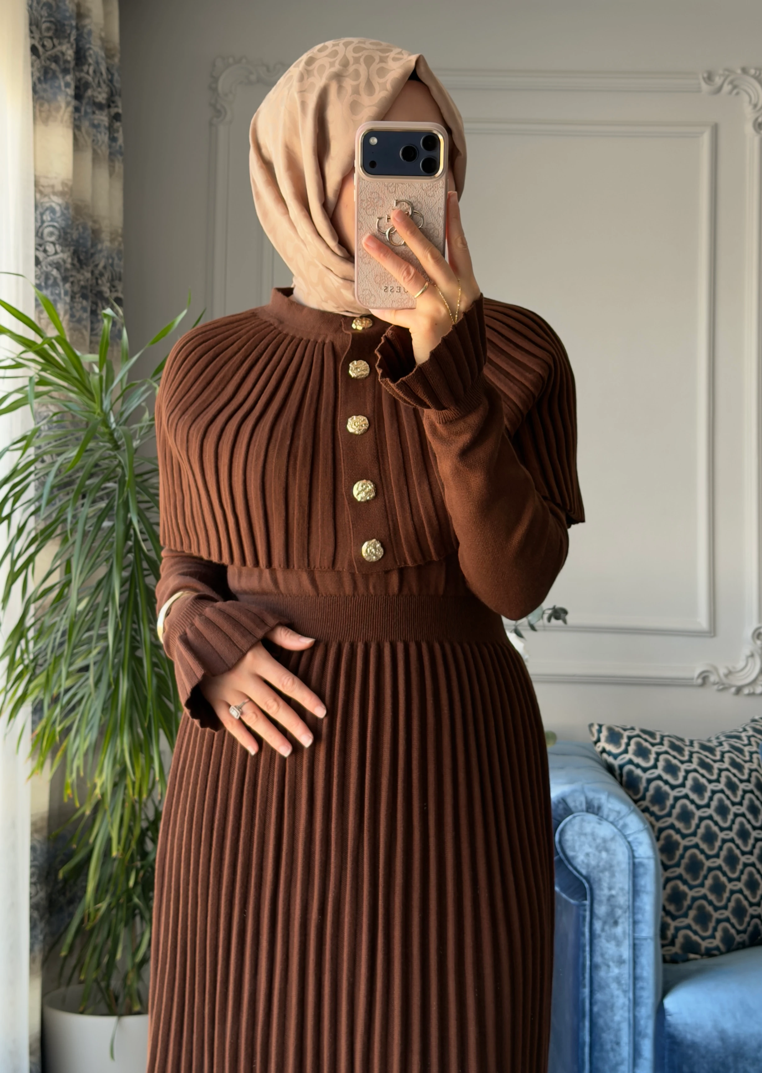 Afra Piliseli Elbise Kahve 