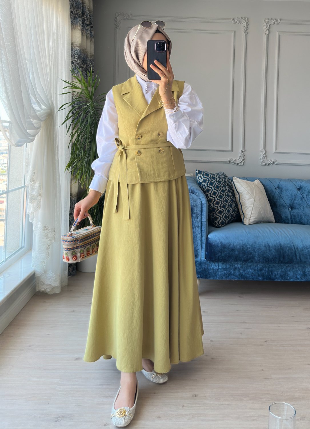 Yelekli Etek Takım Olive