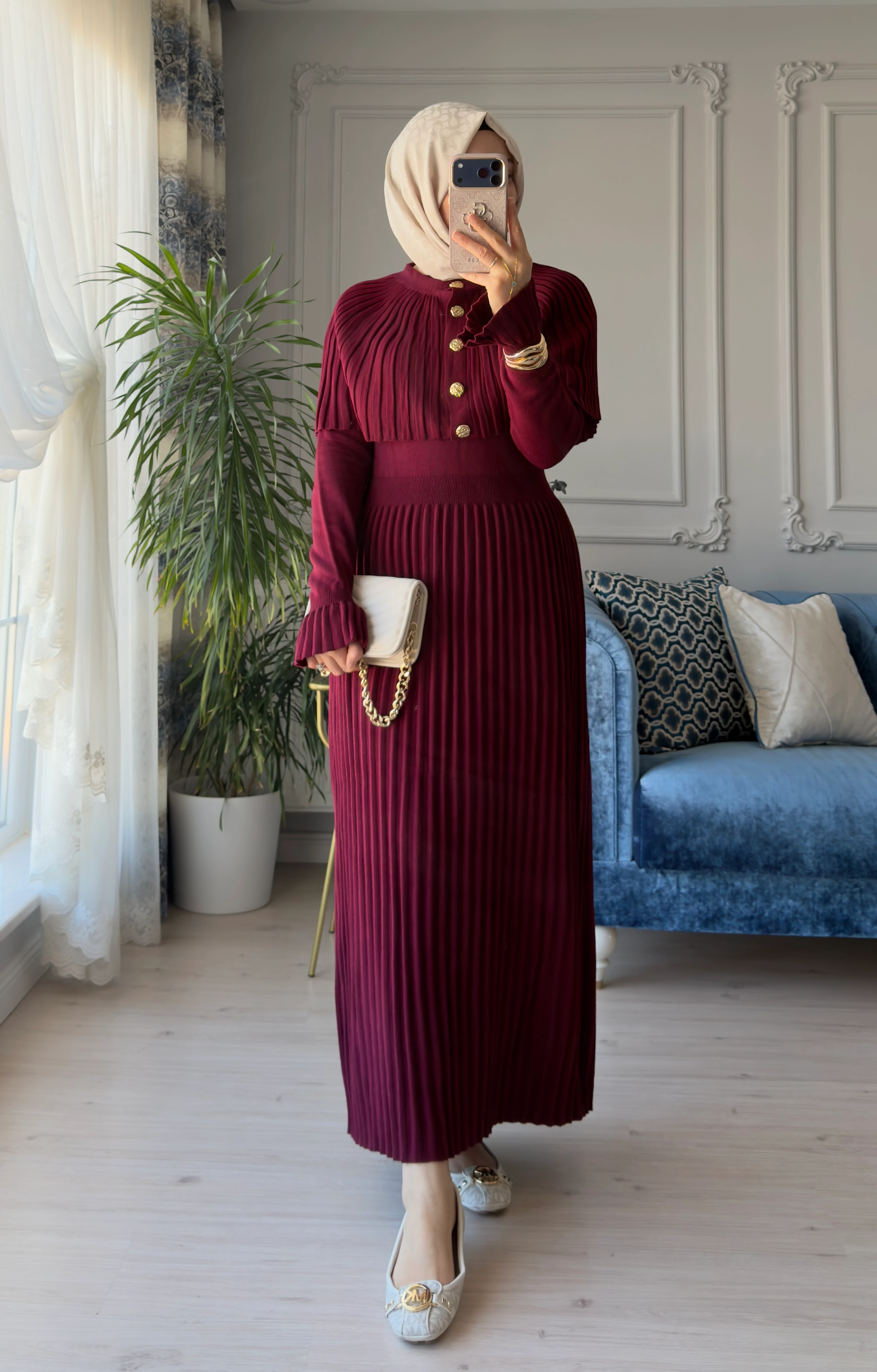 Afra Piliseli Elbise Bordo