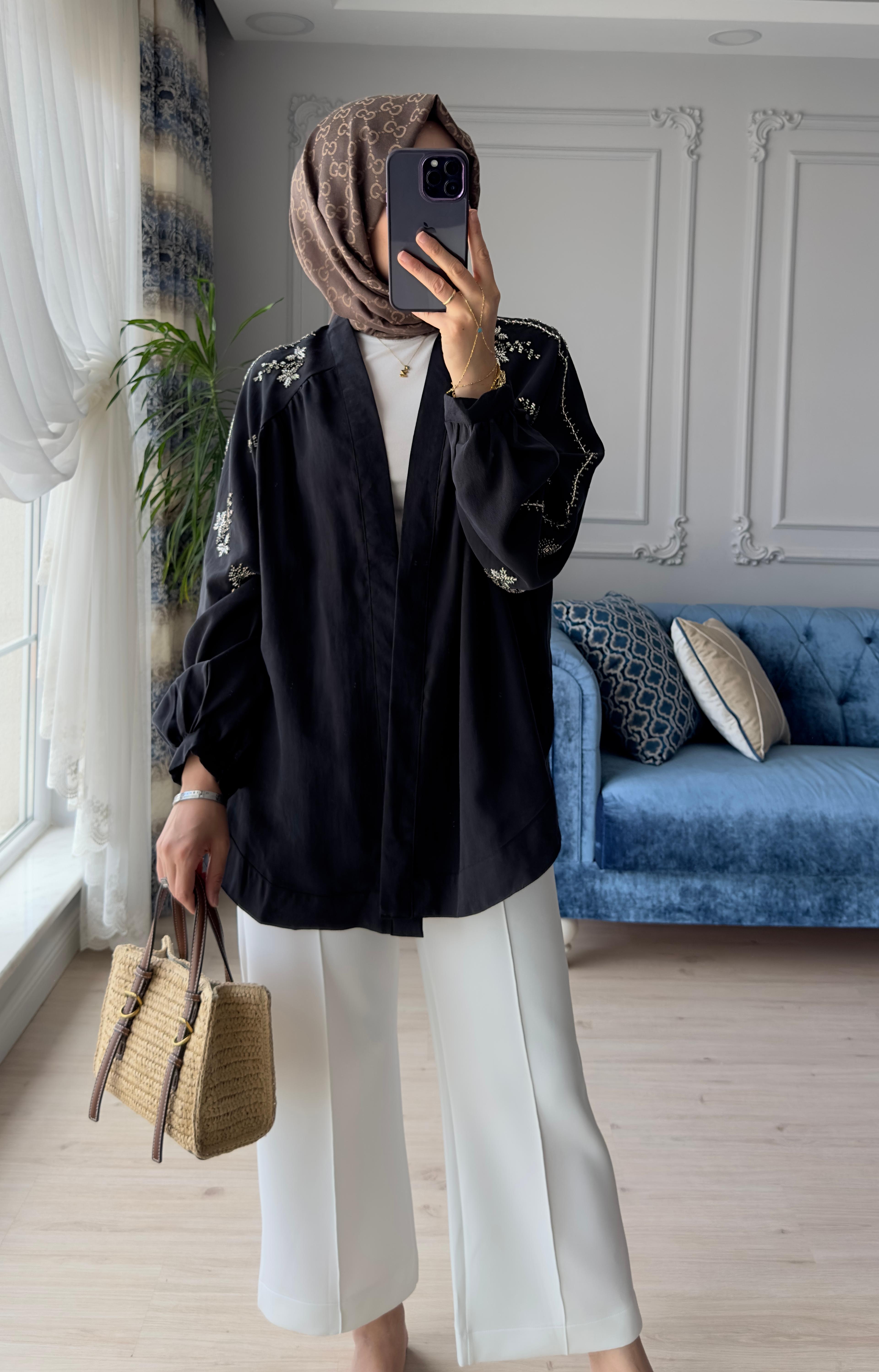 Boncuk İşlemeli Kimono Siyah