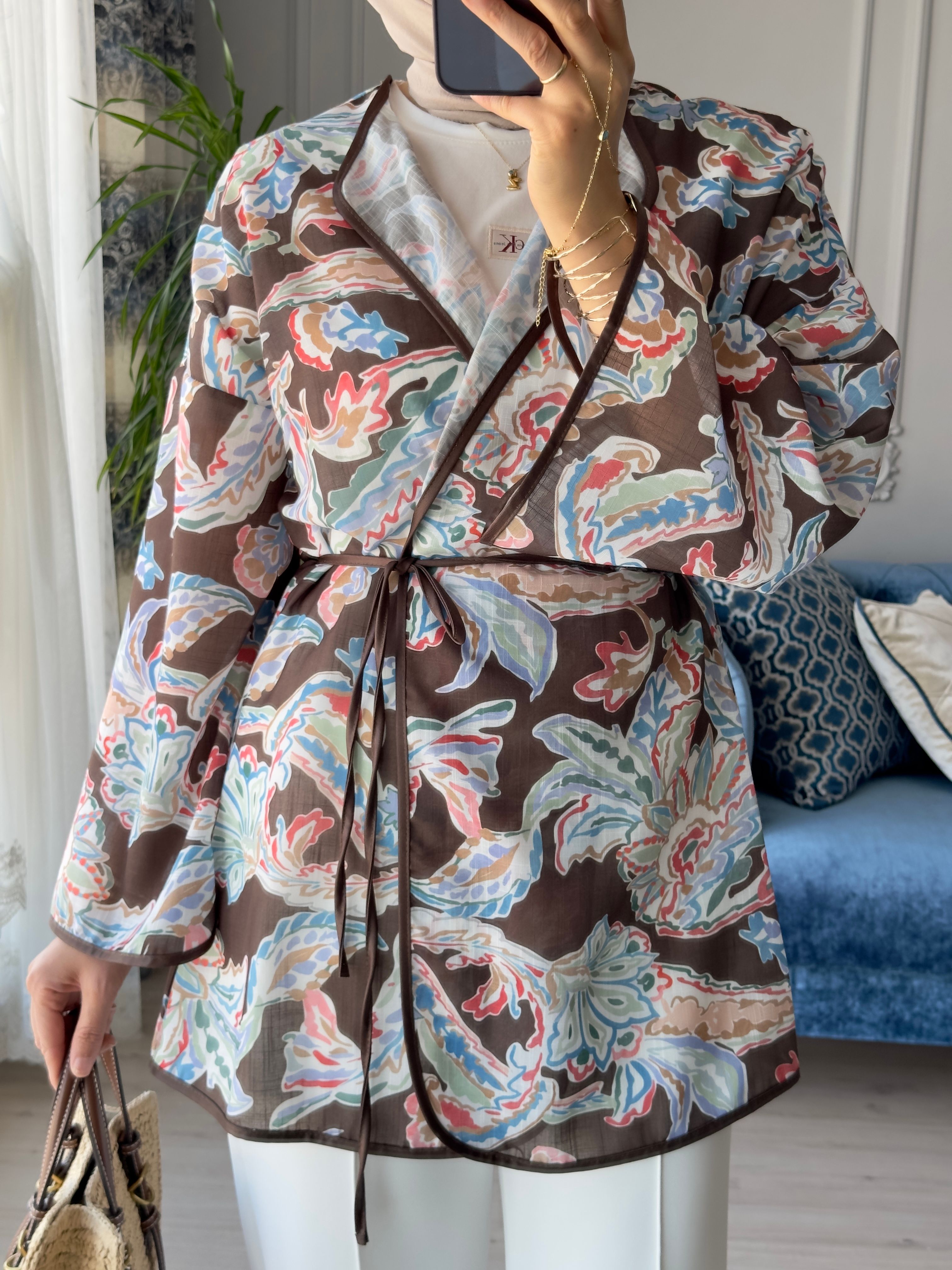Mihra Desenli Kimono Kahve