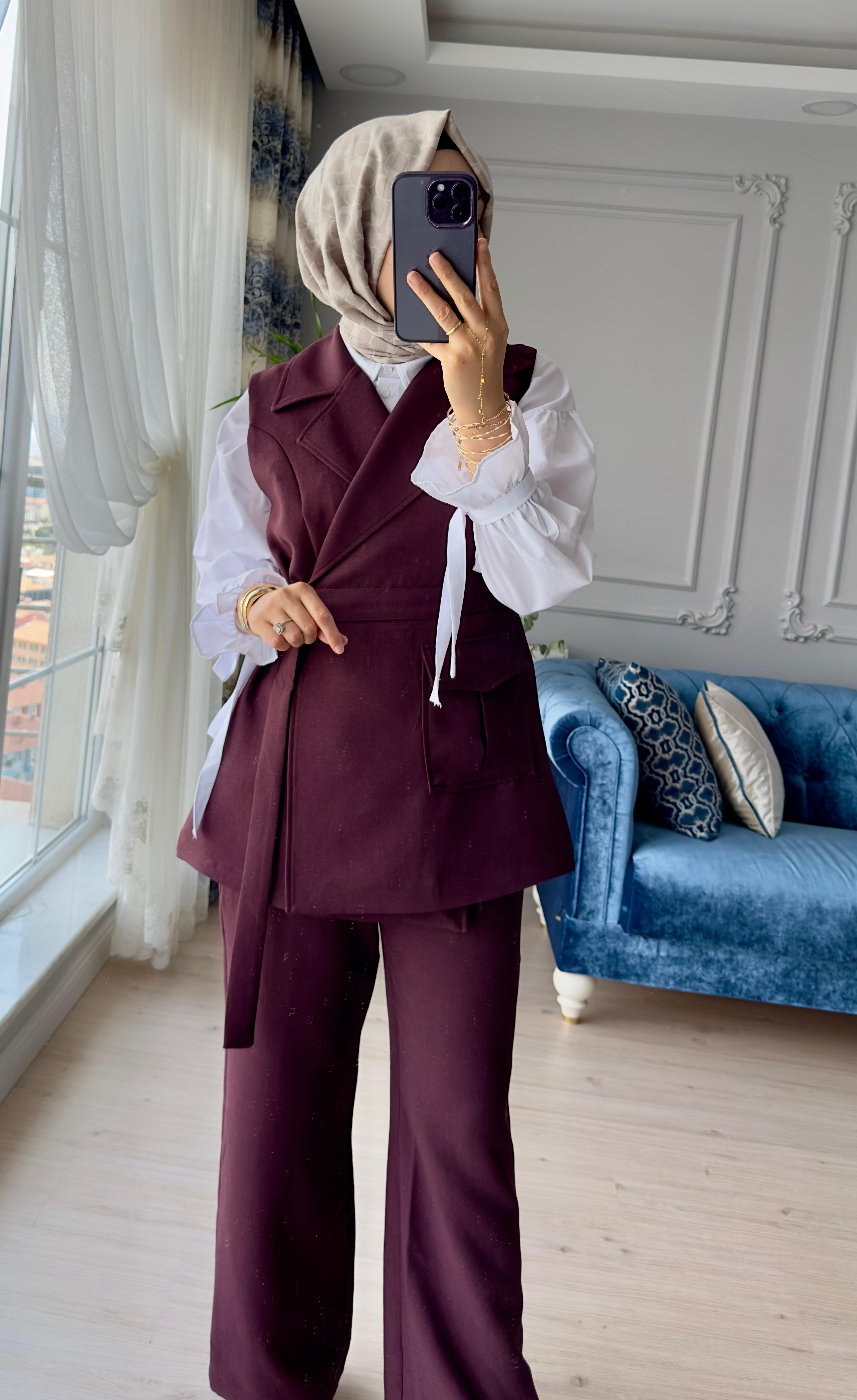 Krep Yelekli Takım Bordo