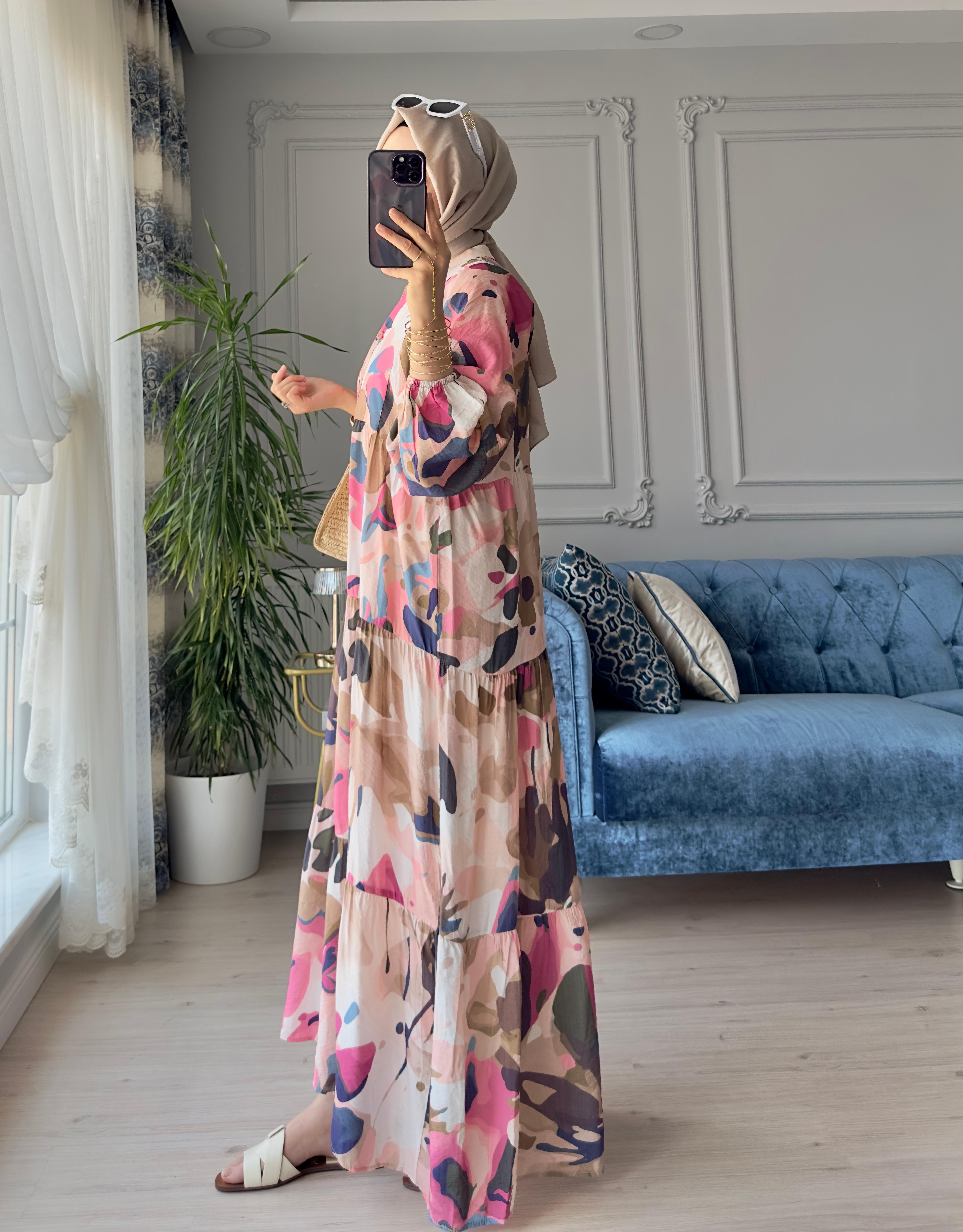 Desenli Elbise Pembe