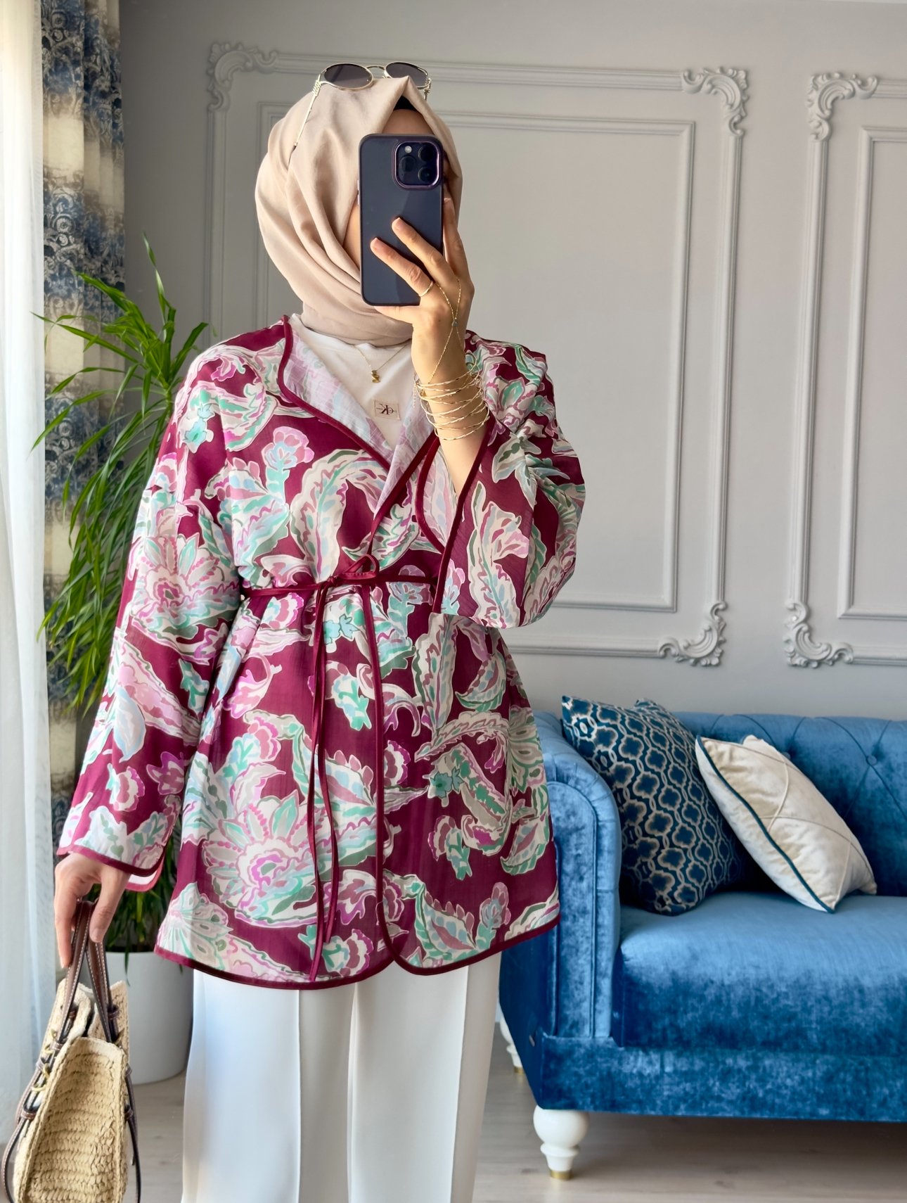 Mihra Desenli Kimono Bordo