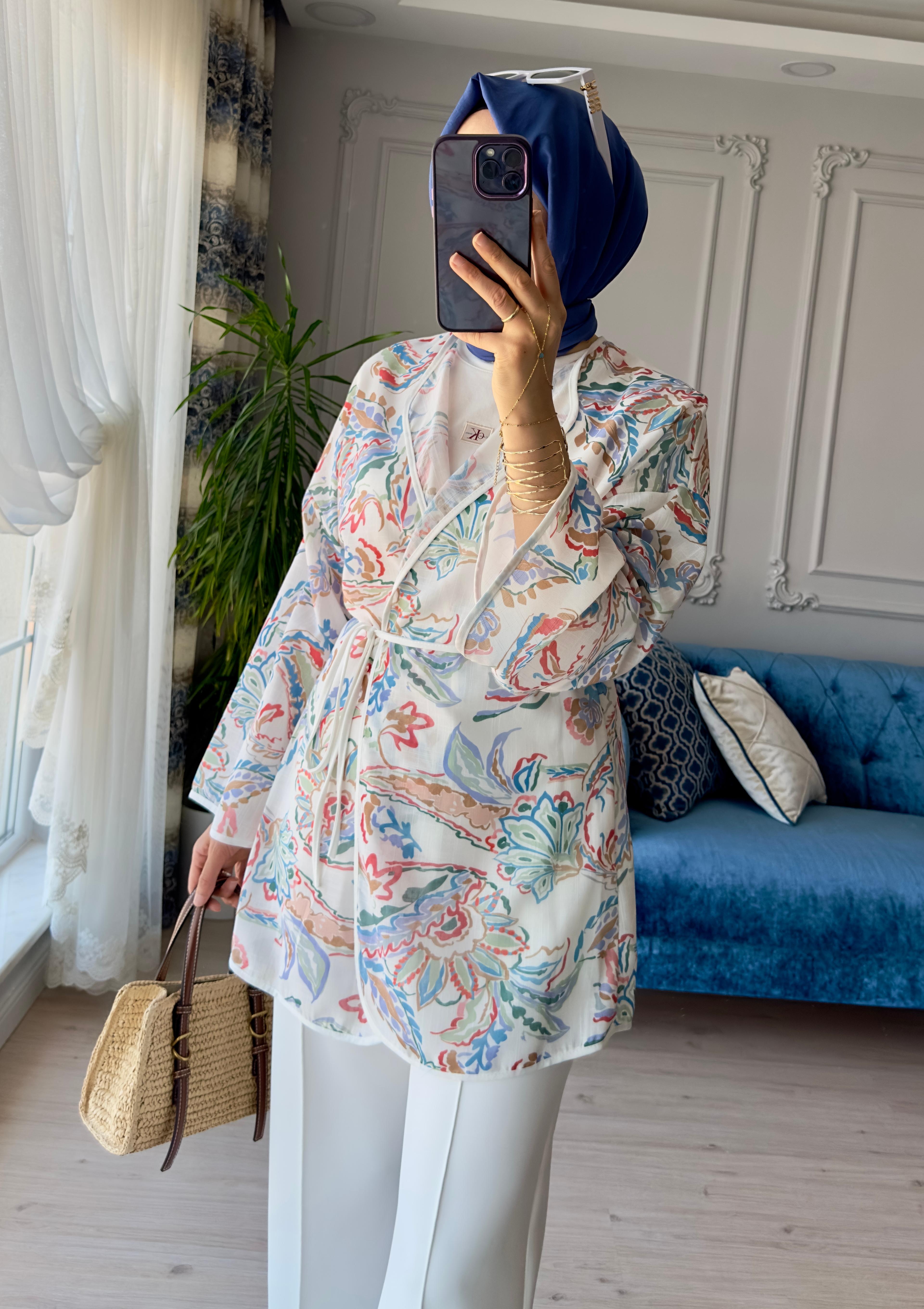 Mihra Desenli Kimono Ekru