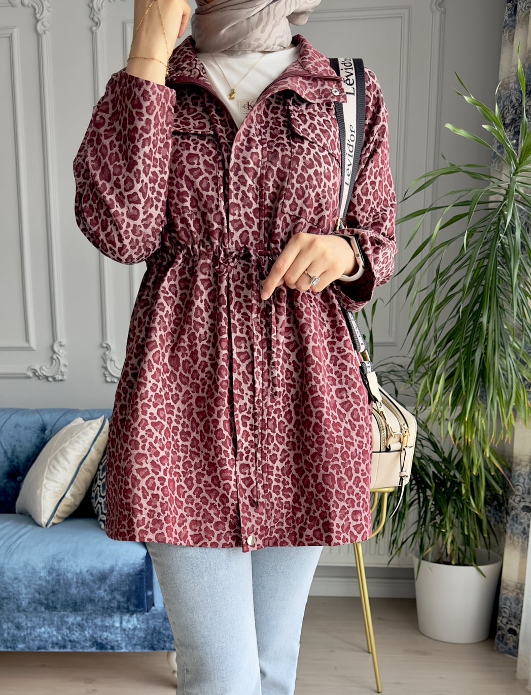 Leopar Desen Ceket Bordo