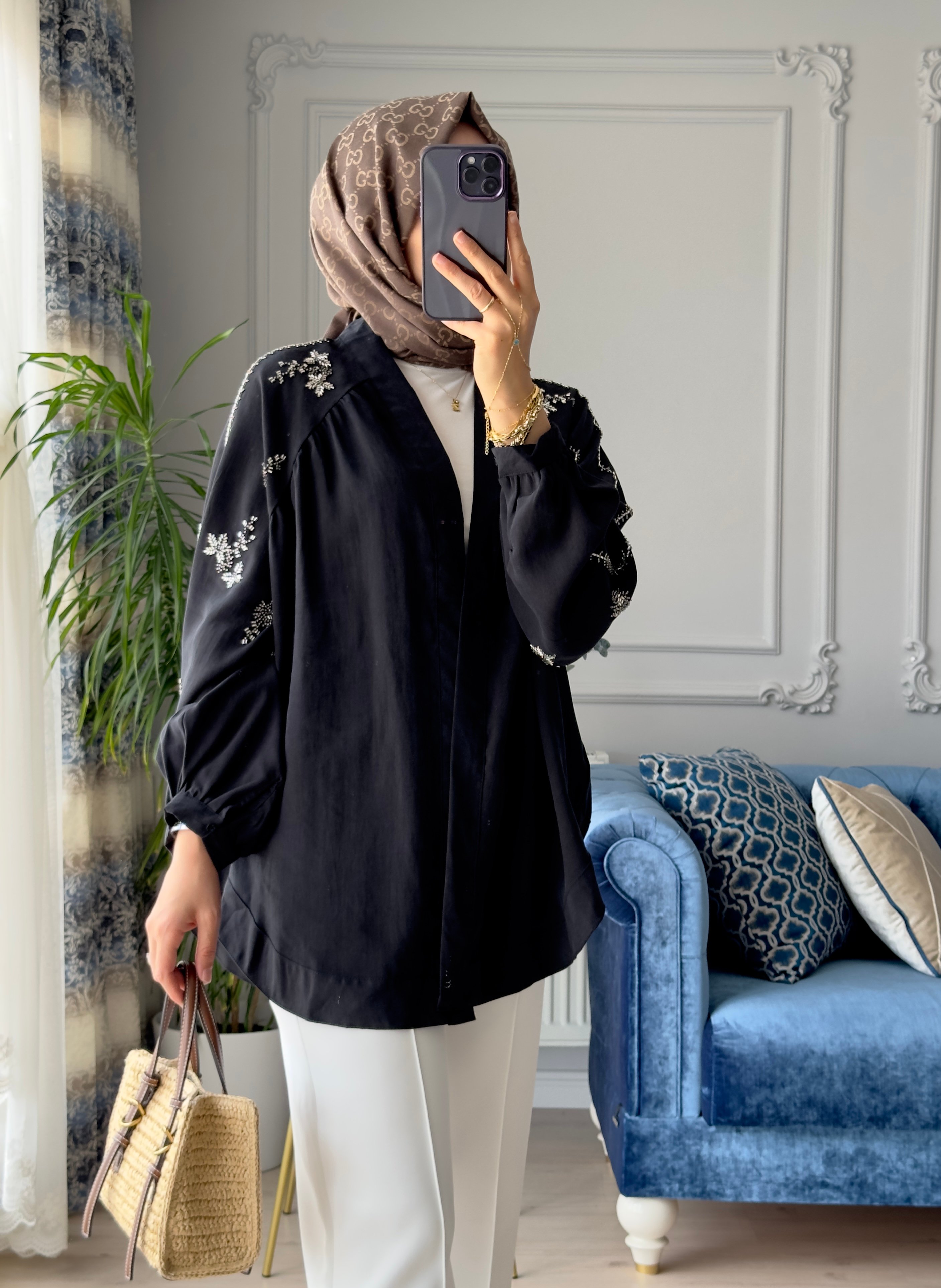 Boncuk İşlemeli Kimono Siyah