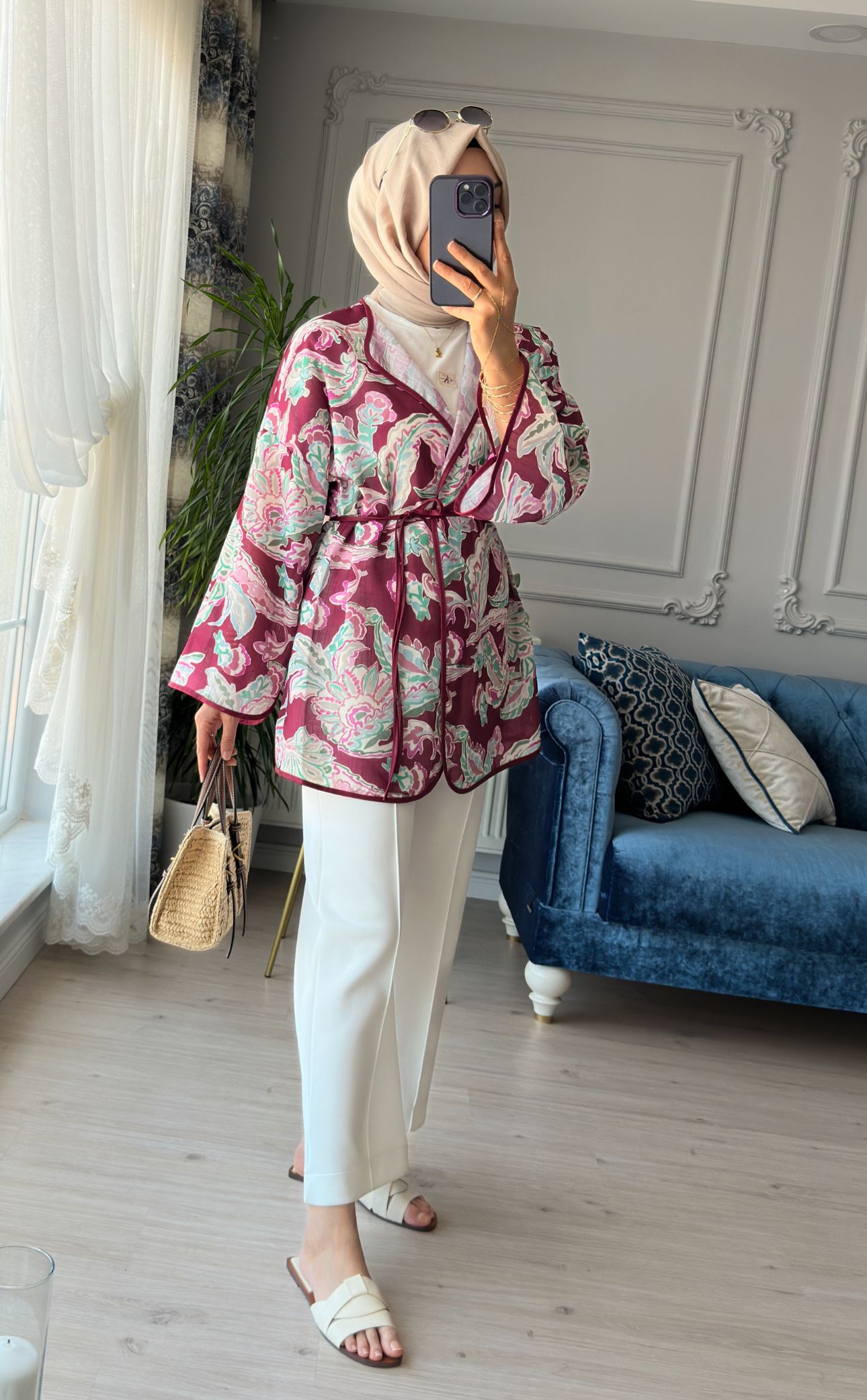 Mihra Desenli Kimono Bordo