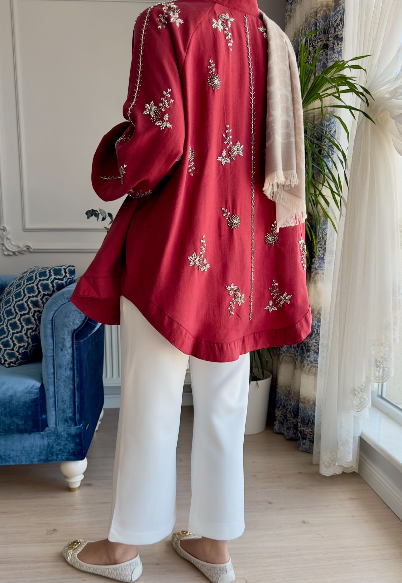 Boncuk İşlemeli Kimono Bordo