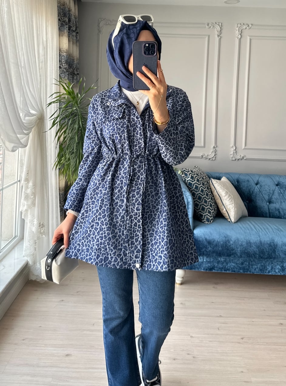 Leopar Desen Ceket Lacivert