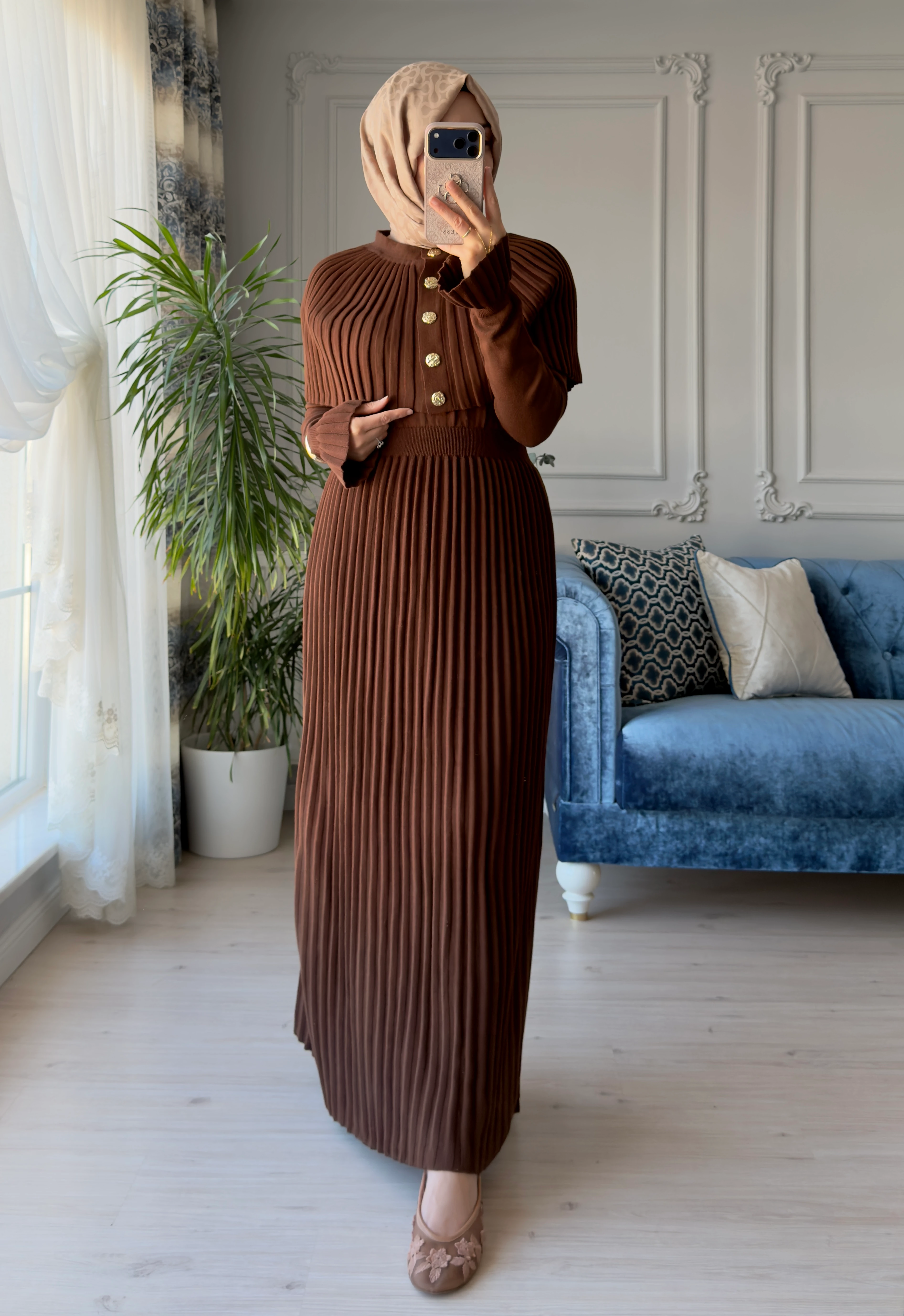 Afra Piliseli Elbise Kahve 