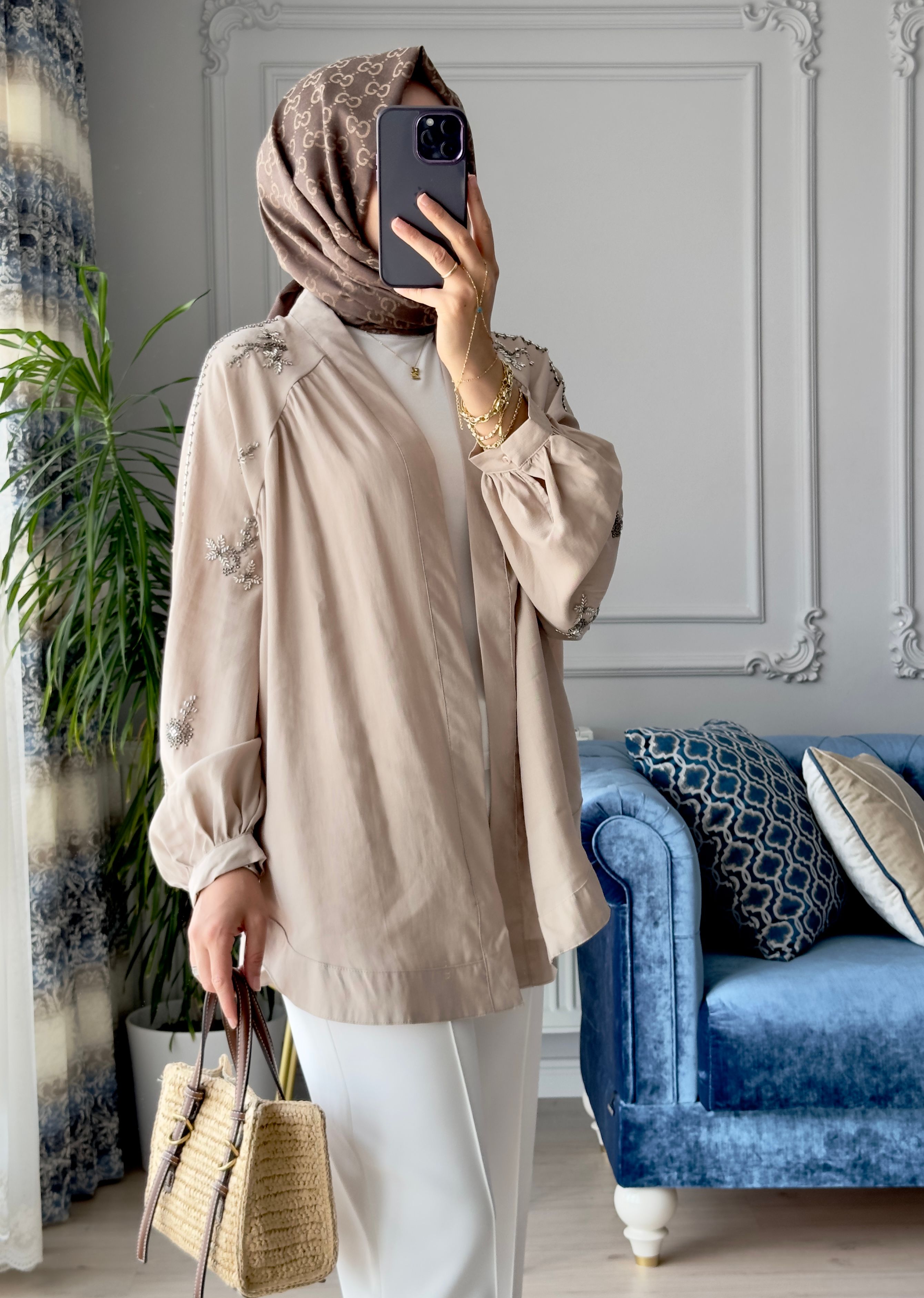 Boncuk İşlemeli Kimono Bej